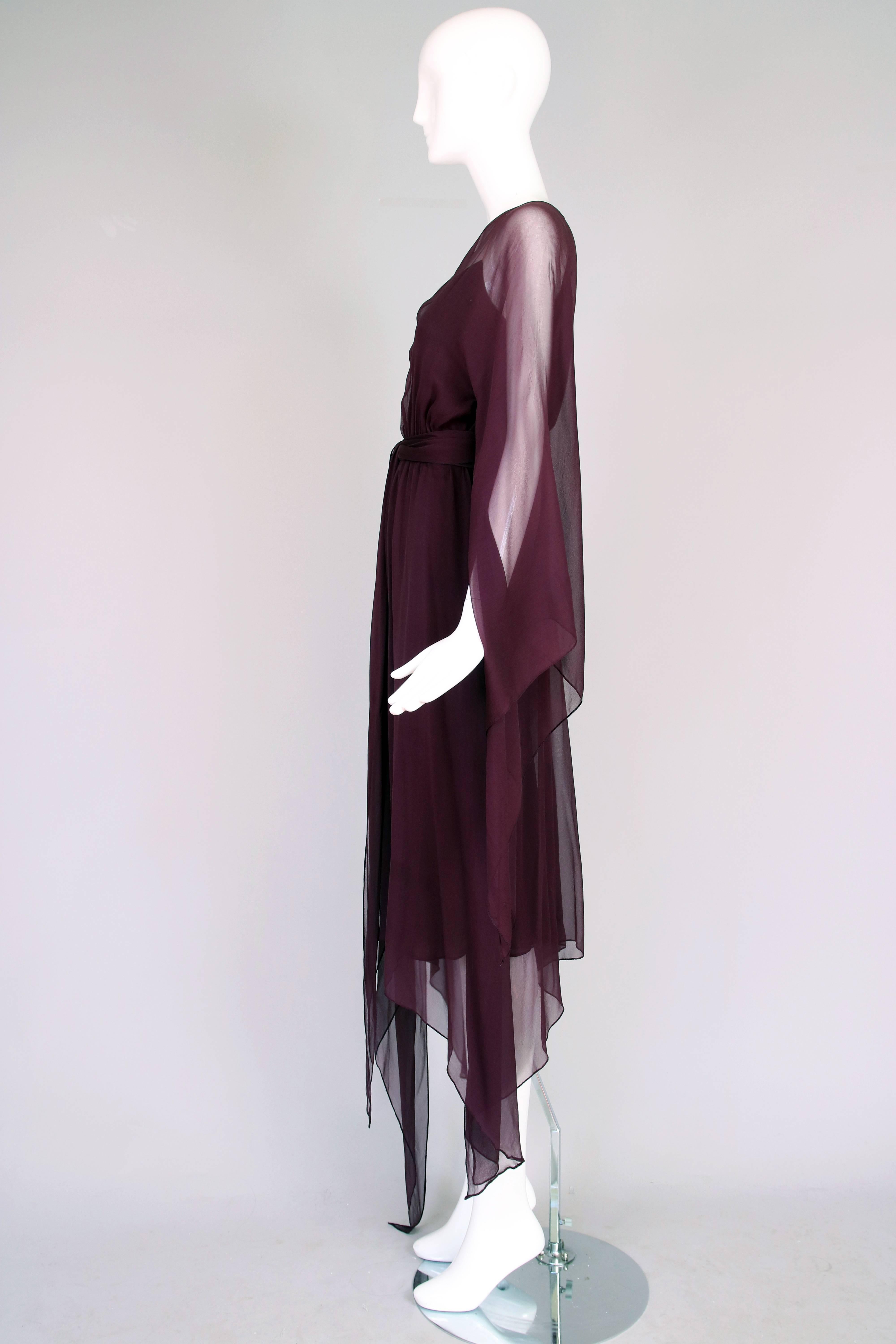 1970's Halston Burgundy Chiffon Double Layered Evening Dress In Excellent Condition In Studio City, CA