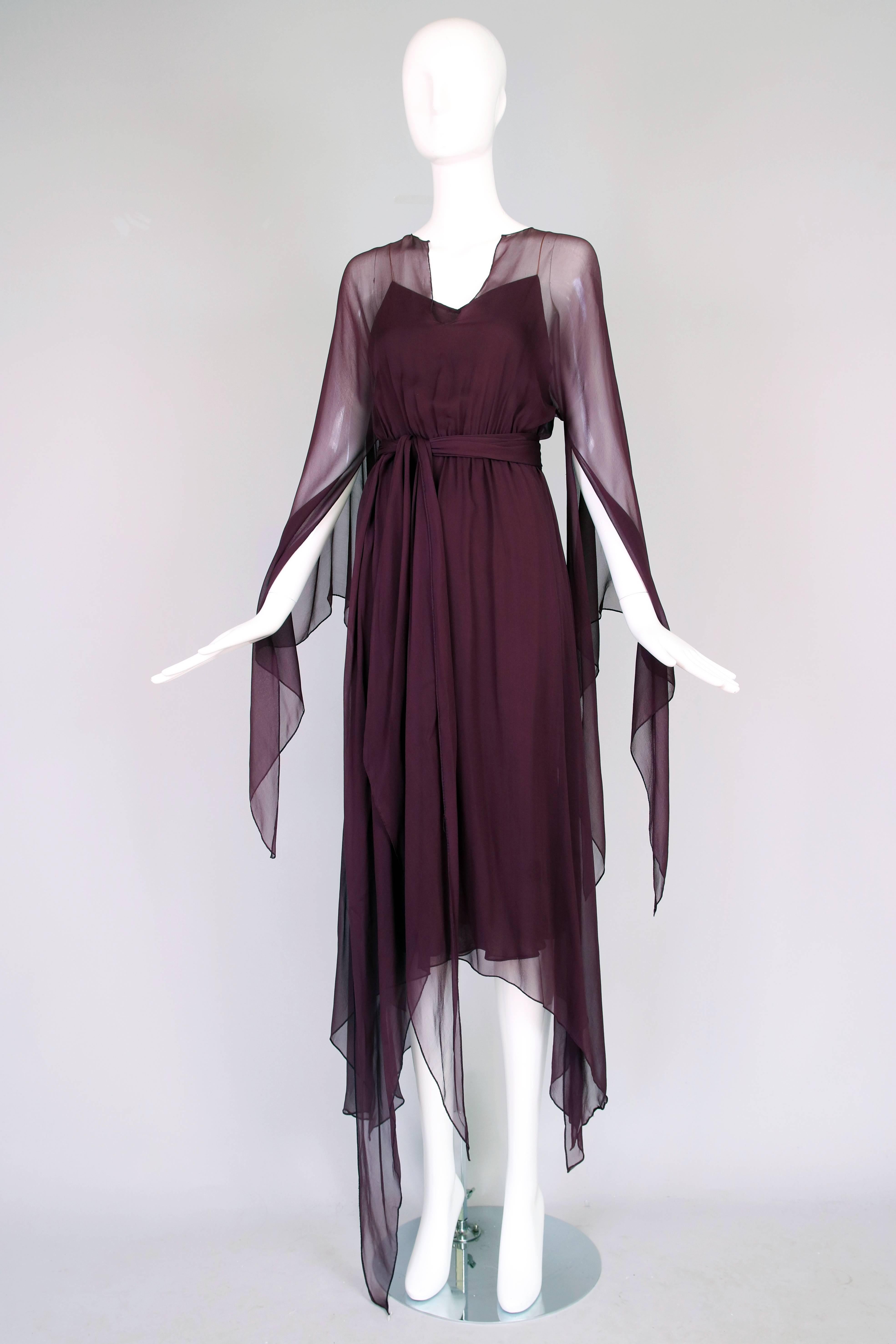 Black 1970's Halston Burgundy Chiffon Double Layered Evening Dress