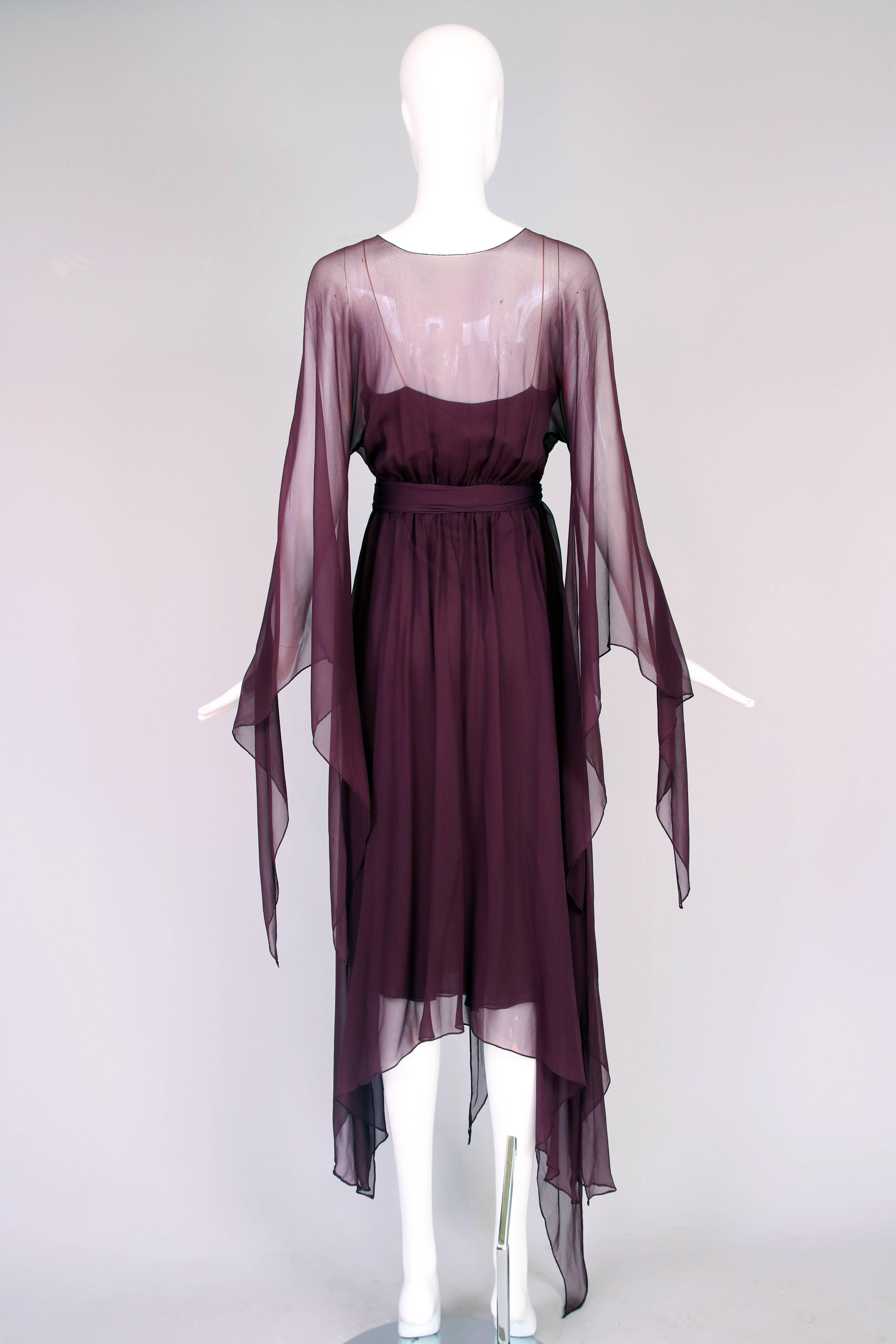 Women's 1970's Halston Burgundy Chiffon Double Layered Evening Dress