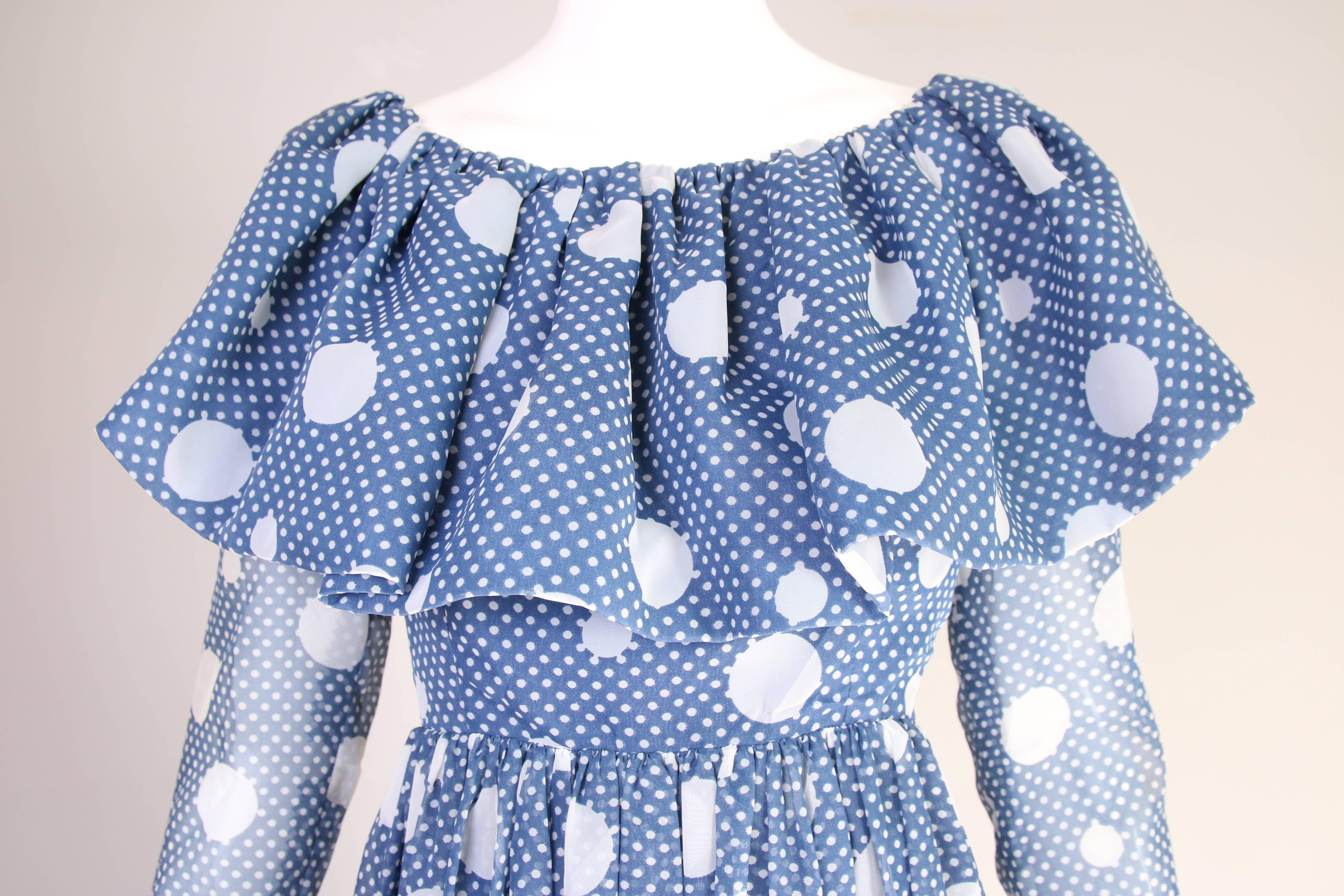 1960's Geoffrey Beene Blue & White Polka Dot Tiered Maxi Dress 1