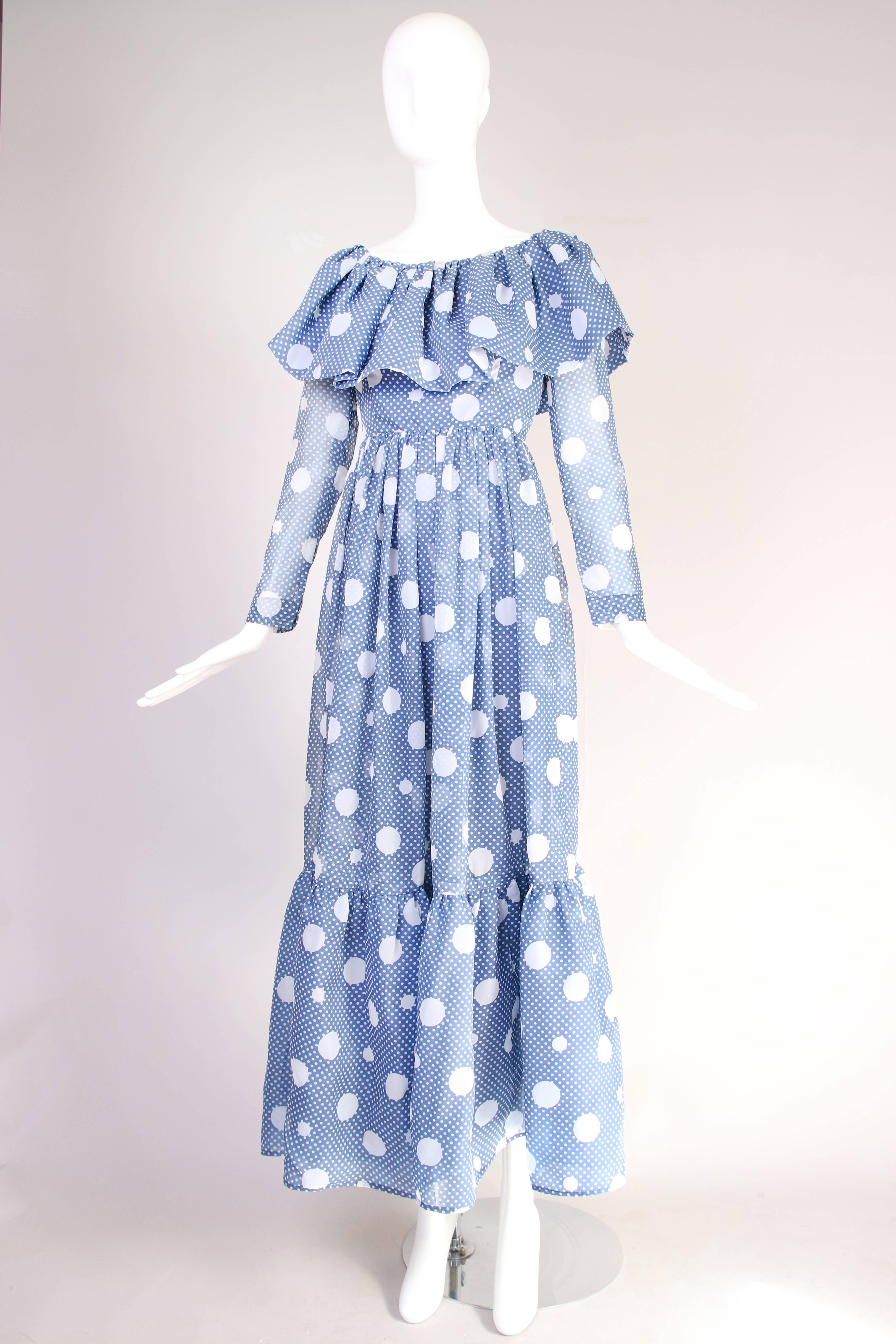 1960's Geoffrey Beene Blue & White Polka Dot Tiered Maxi Dress In Excellent Condition In Studio City, CA