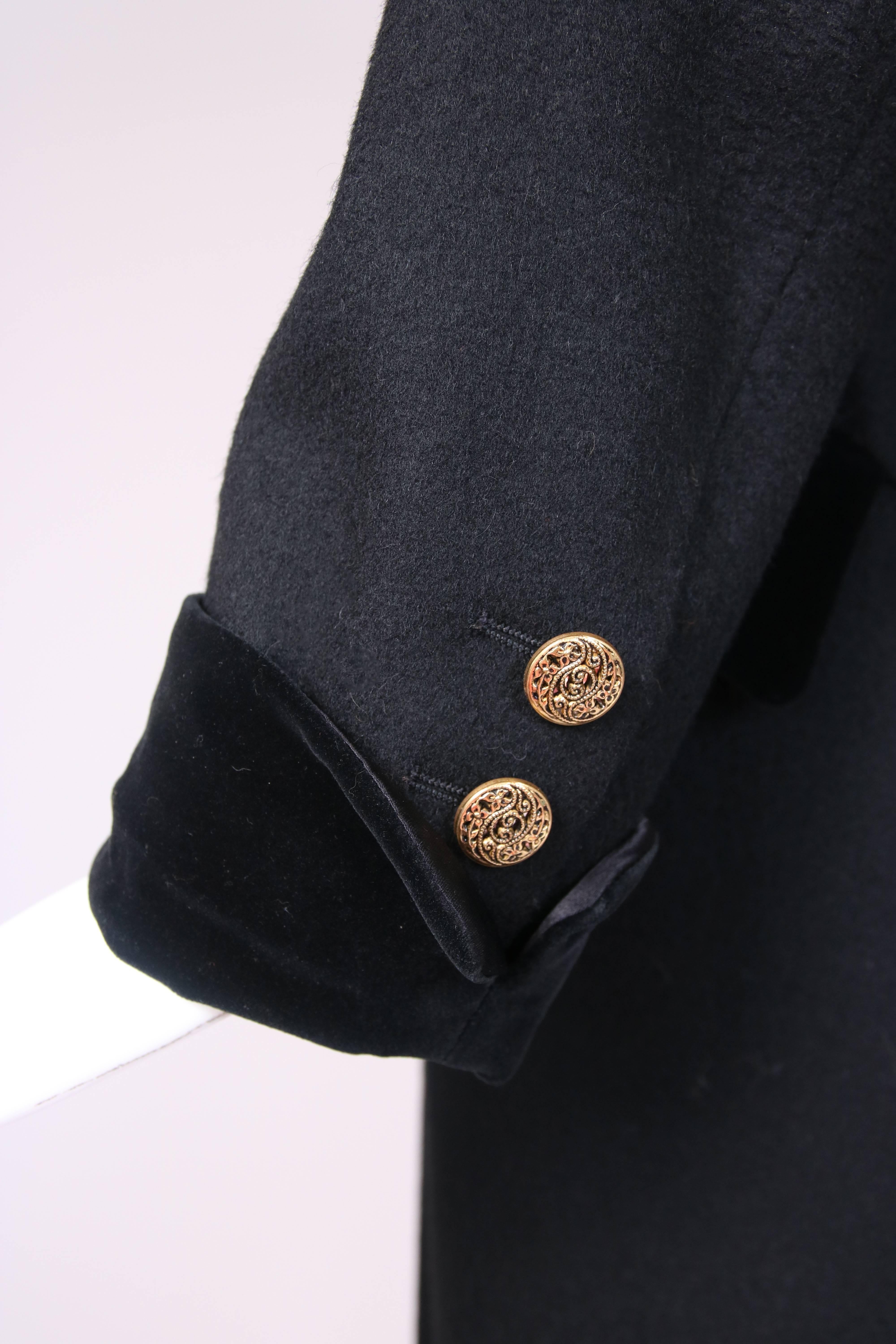 Women's Vintage Yves Saint Laurent Black Melton Wool Military Style Coat w/Velvet Trim