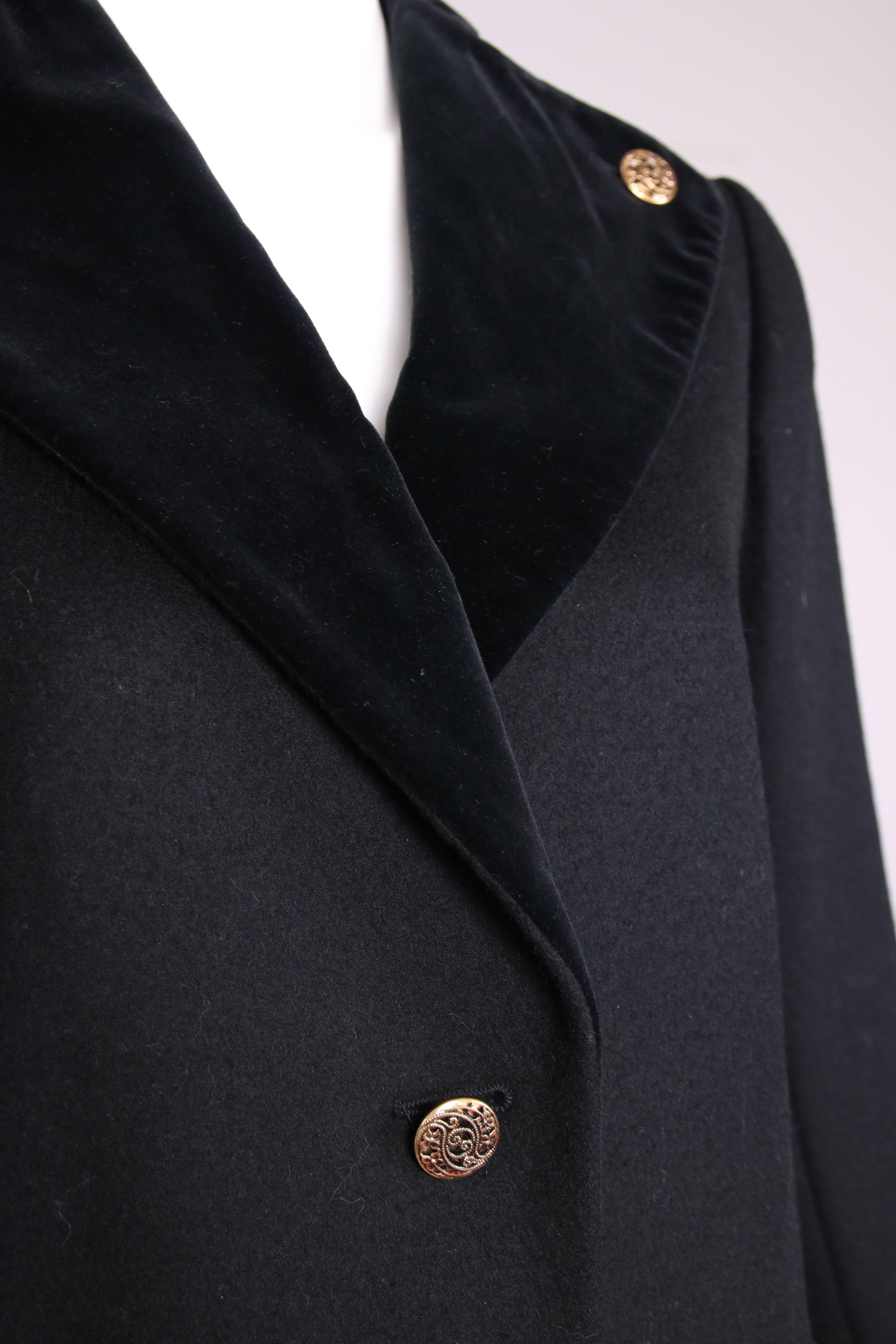 Vintage Yves Saint Laurent Black Melton Wool Military Style Coat w/Velvet Trim In Excellent Condition In Studio City, CA