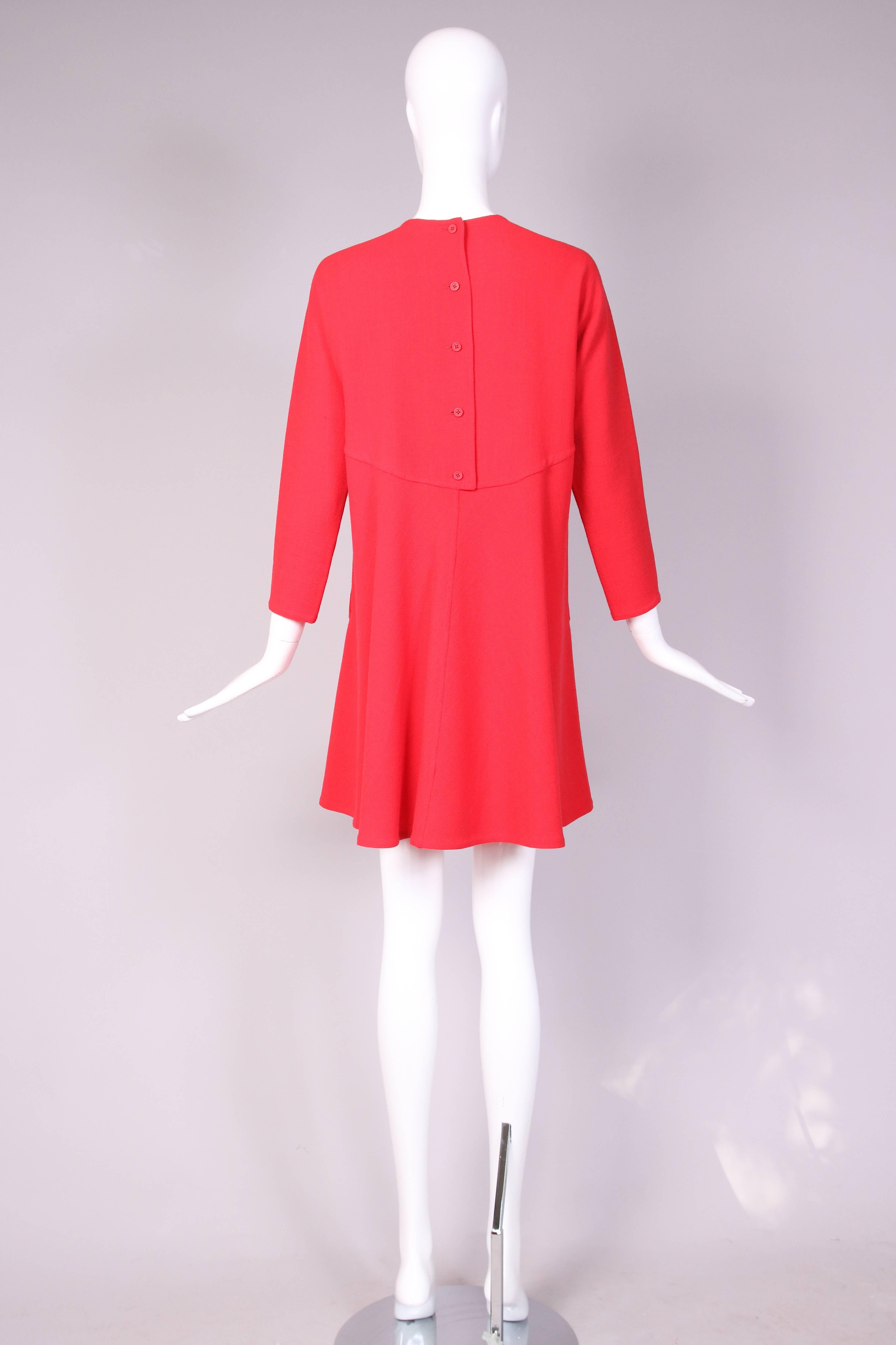 1990's Geoffrey Beene Red Wool Crepe Day Dress w/Signature Design Detail 1