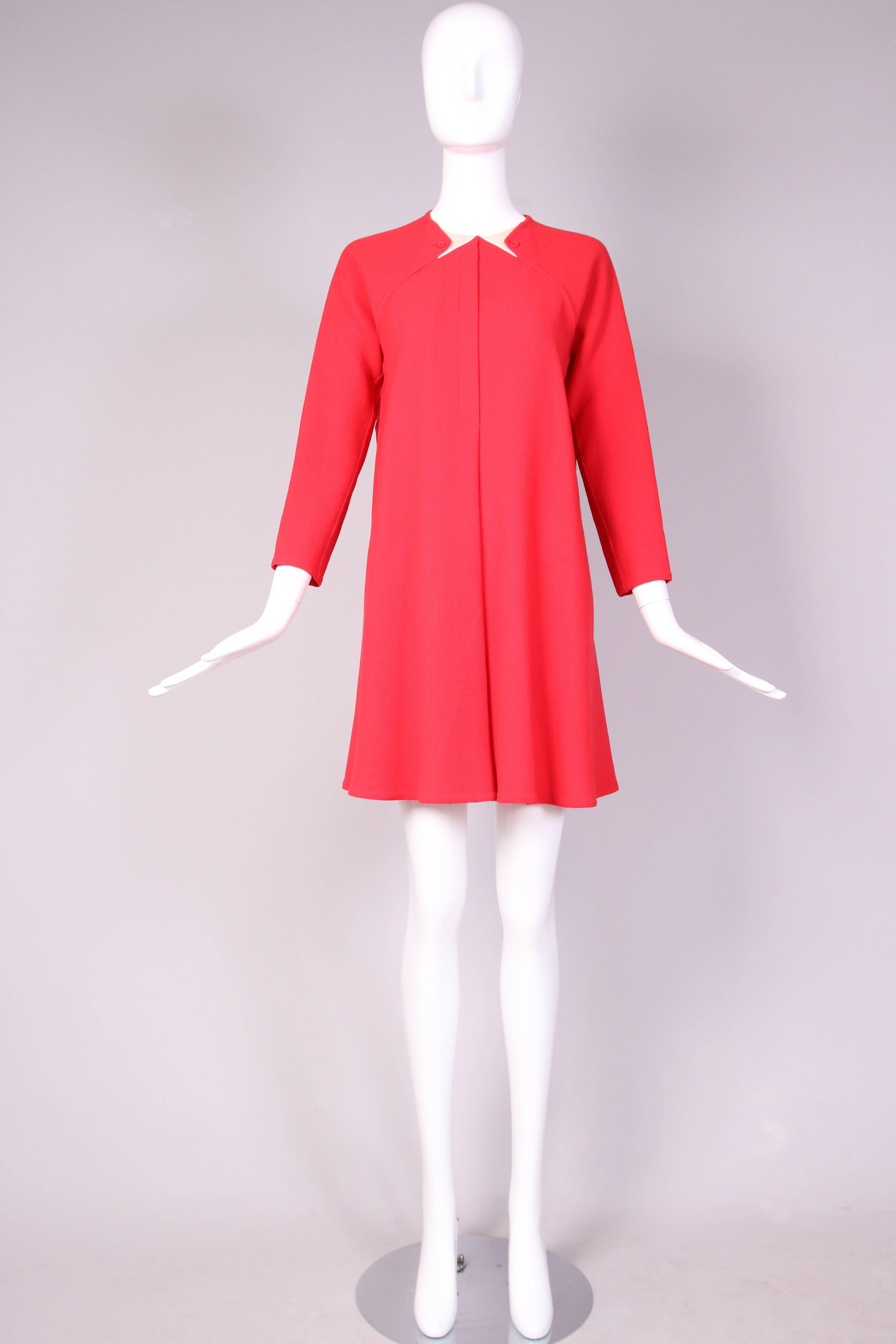 1990's Geoffrey Beene Red Wool Crepe Day Dress w/Signature Design Detail In Excellent Condition In Studio City, CA