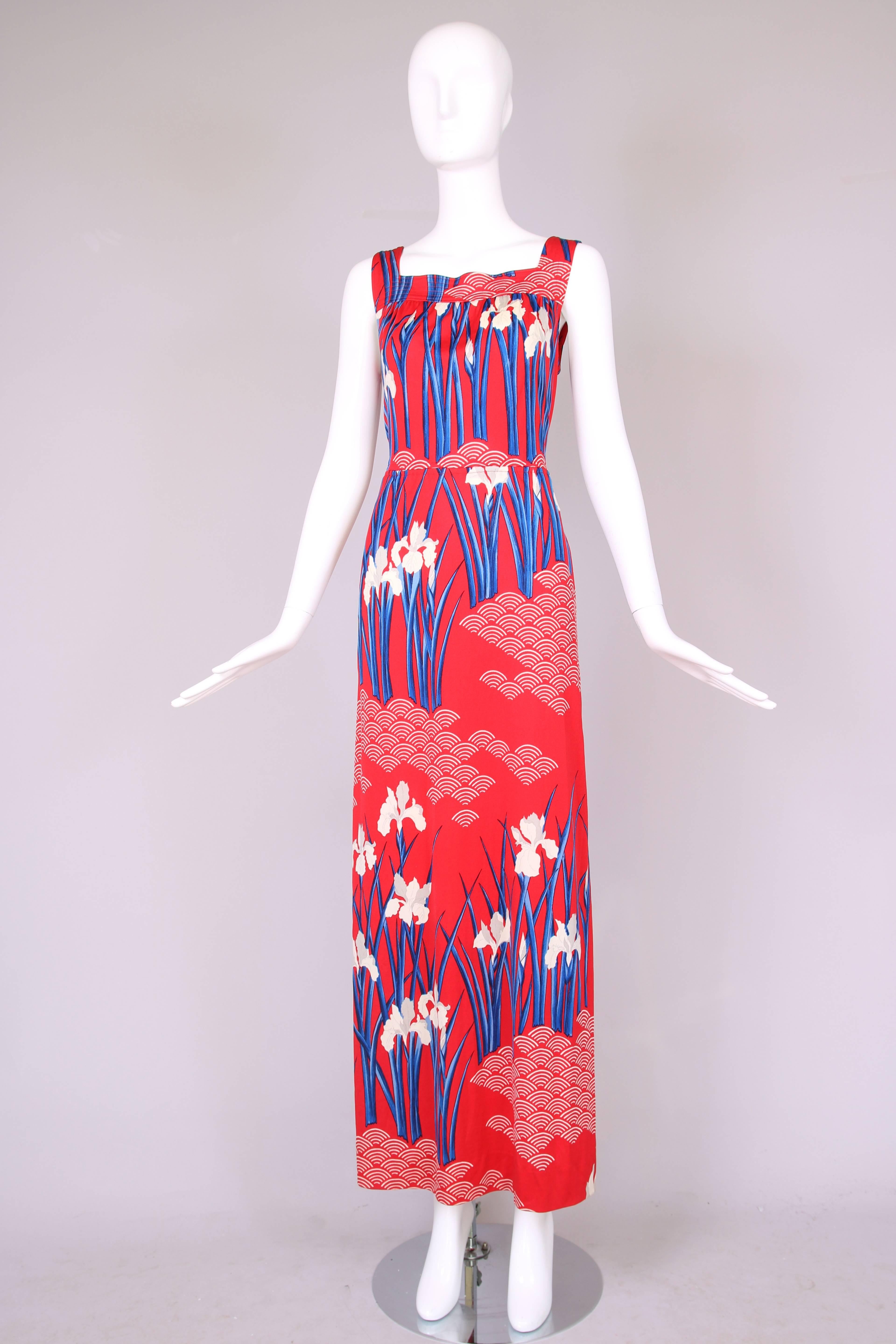 Hanae Mori Red, Blue, & White Floral Printed Maxi Dress  In Excellent Condition In Studio City, CA