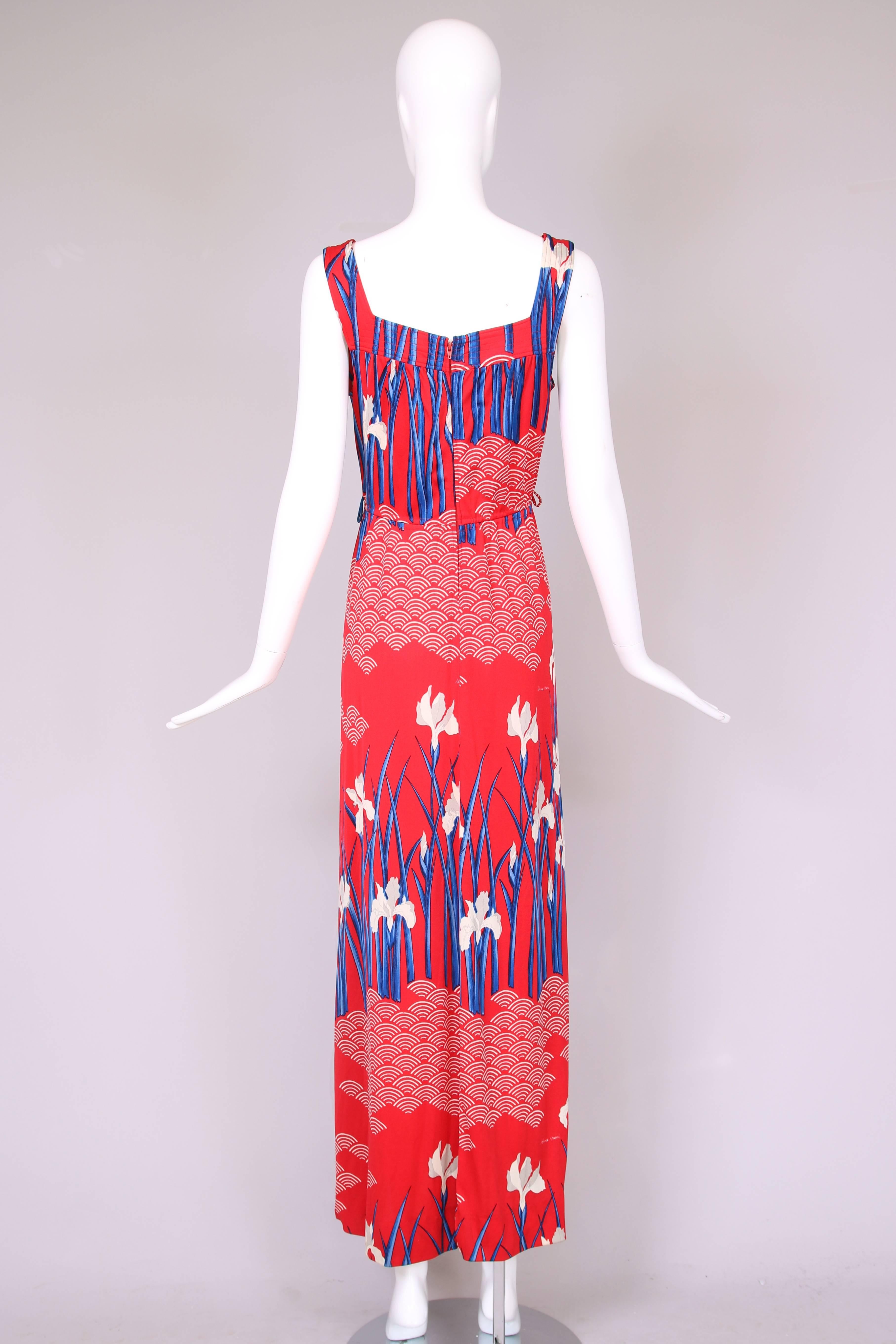 Women's Hanae Mori Red, Blue, & White Floral Printed Maxi Dress 