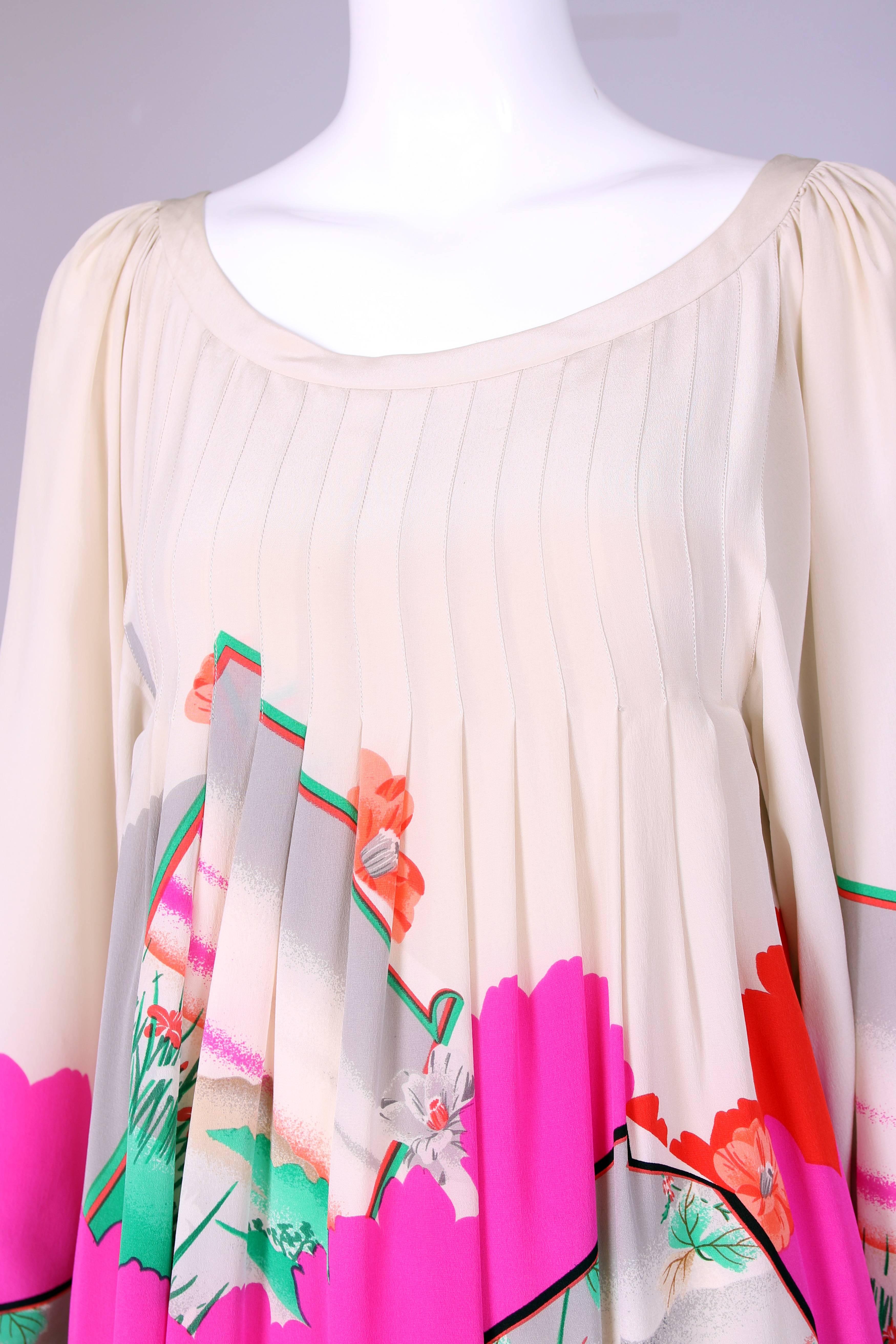 Beige Hanae Mori Couture Silk Printed Maxi Dress W/Bell Sleeves & Smocked Neckline