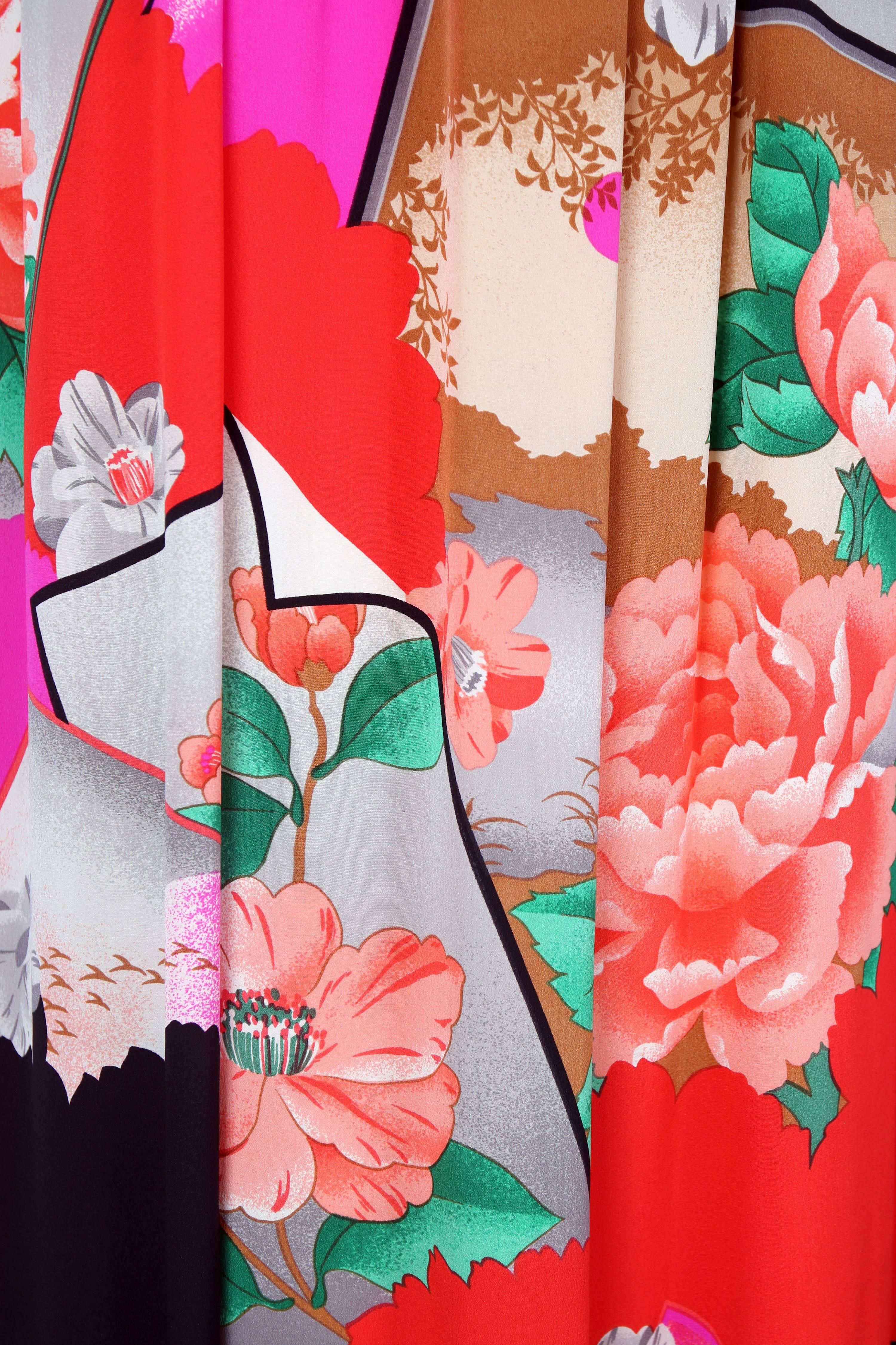Women's Hanae Mori Couture Silk Printed Maxi Dress W/Bell Sleeves & Smocked Neckline