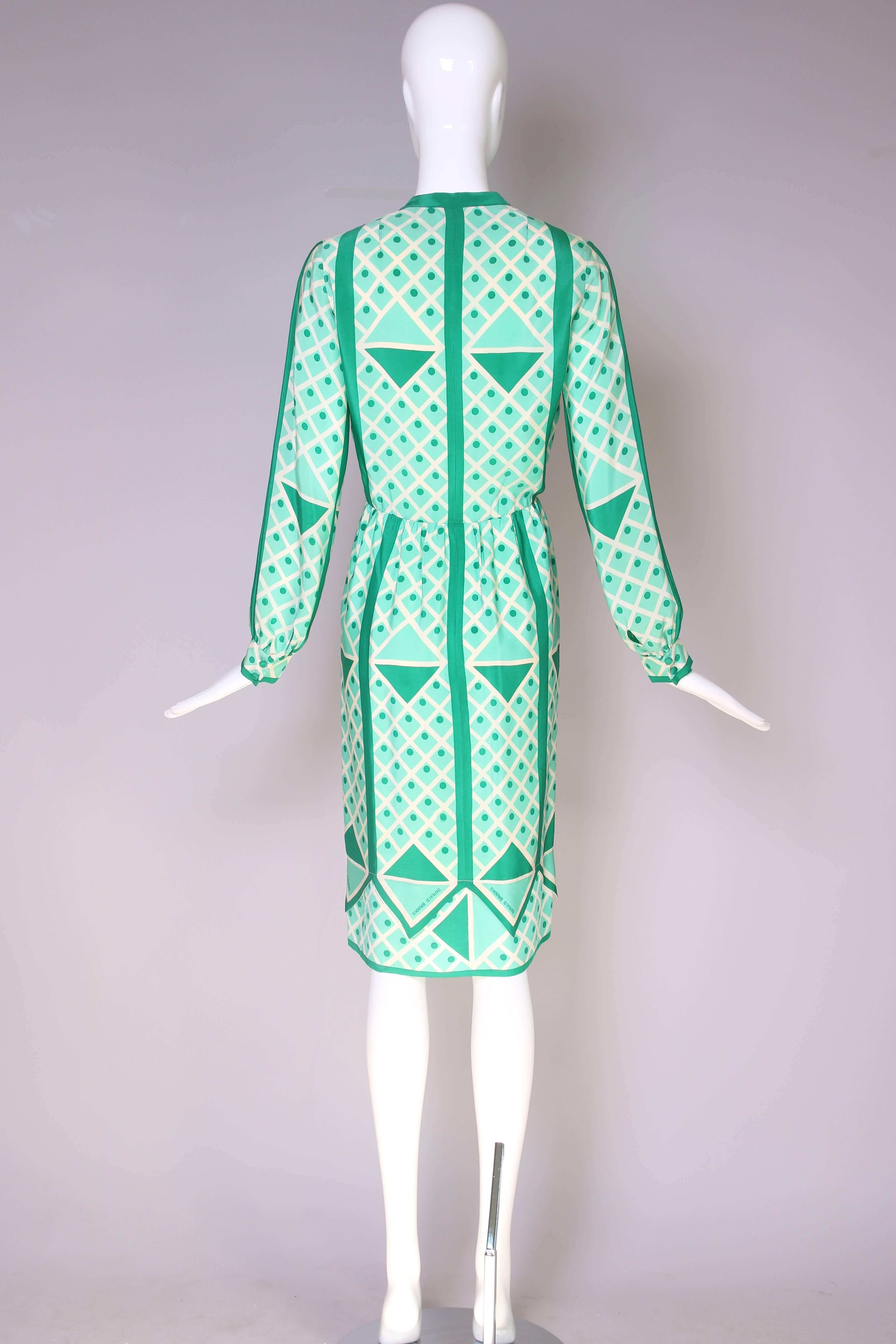 Women's 1970's Donald Brooks Green & White Geometric Print Silk Dress W/Matching Scarf