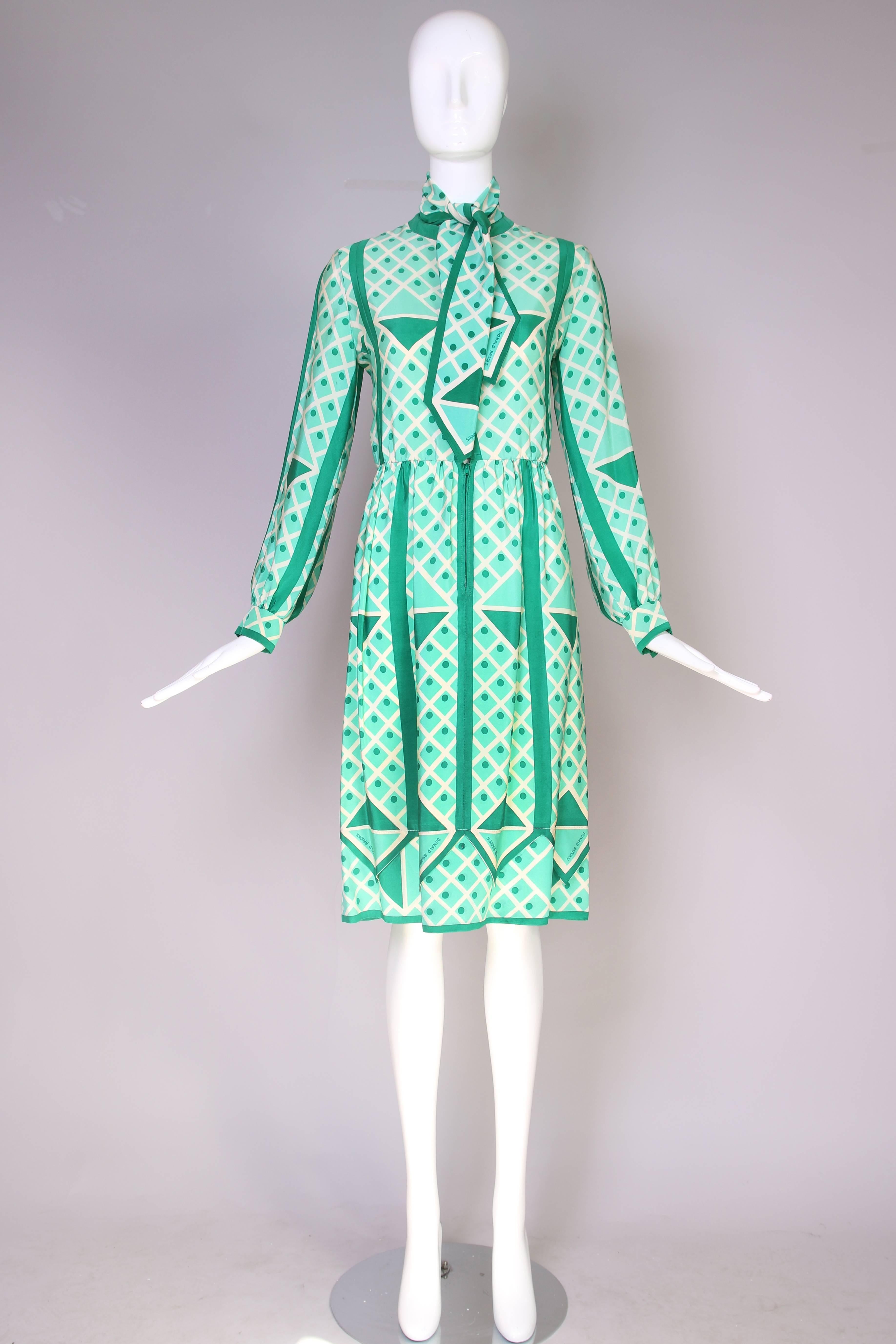 Blue 1970's Donald Brooks Green & White Geometric Print Silk Dress W/Matching Scarf