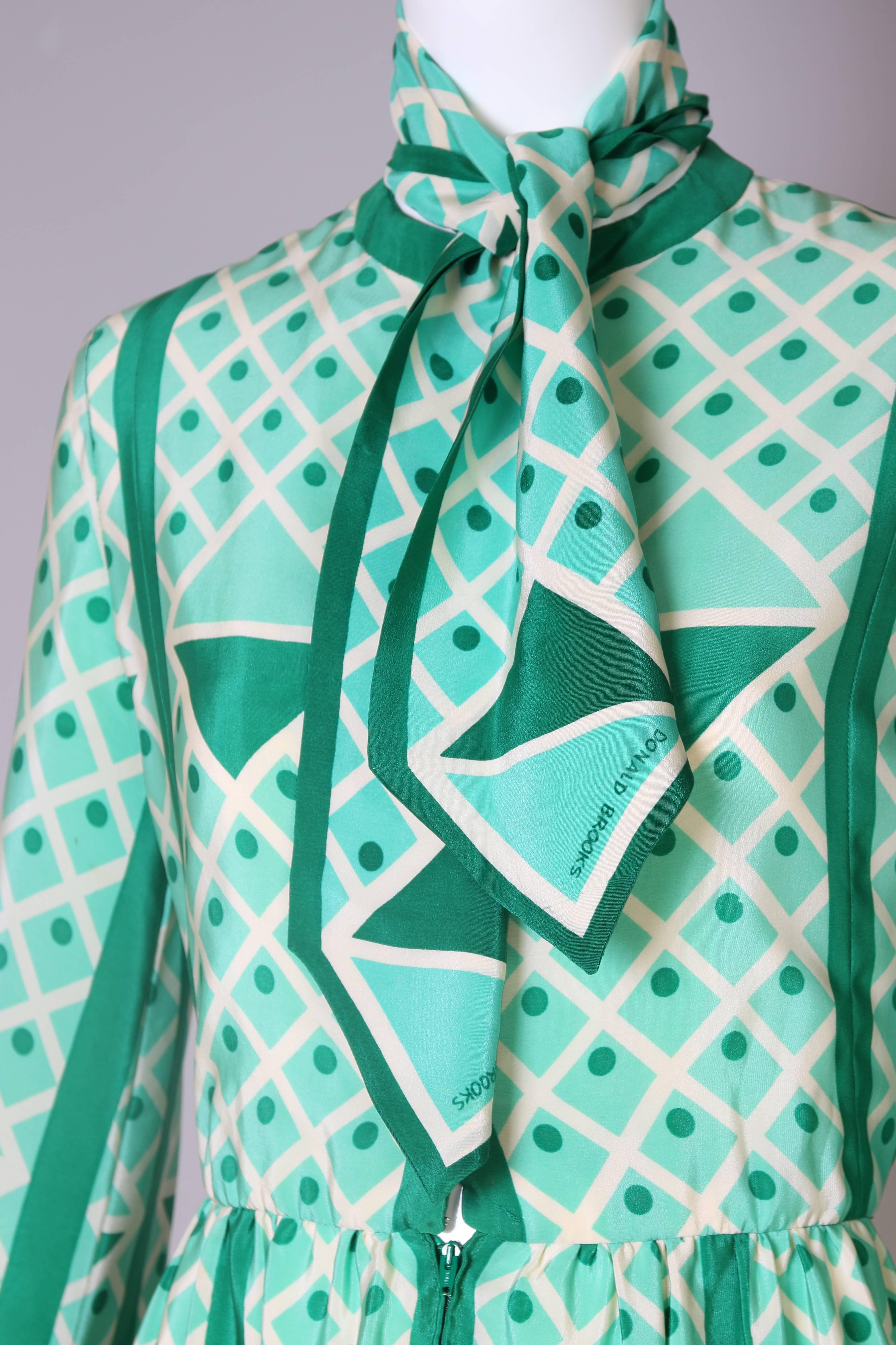1970's Donald Brooks Green & White Geometric Print Silk Dress W/Matching Scarf 1