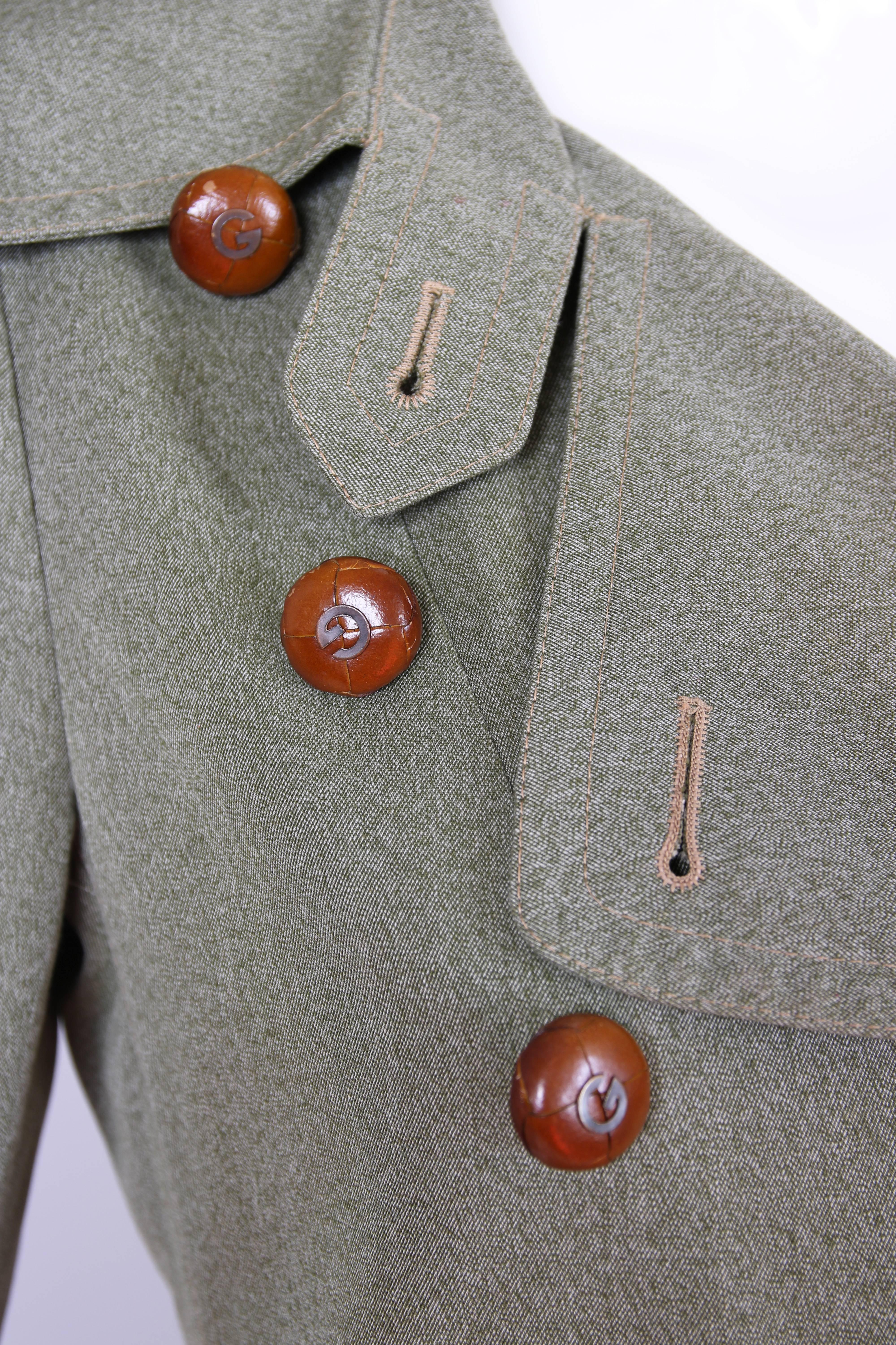 1970's Gucci Green Coat W/Leather Gucci Logo Buttons And Printed Silk Lining 1