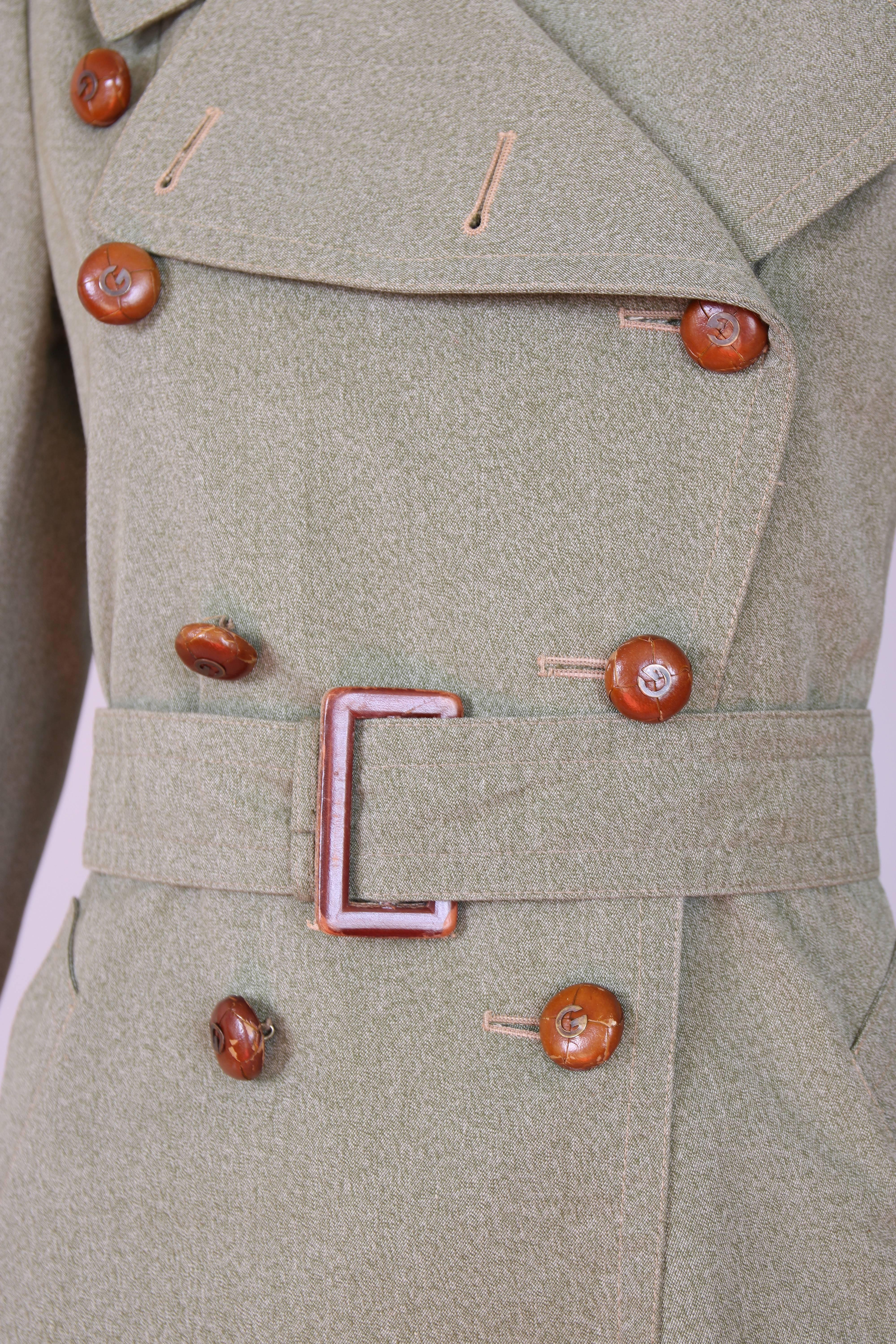 Women's 1970's Gucci Green Coat W/Leather Gucci Logo Buttons And Printed Silk Lining