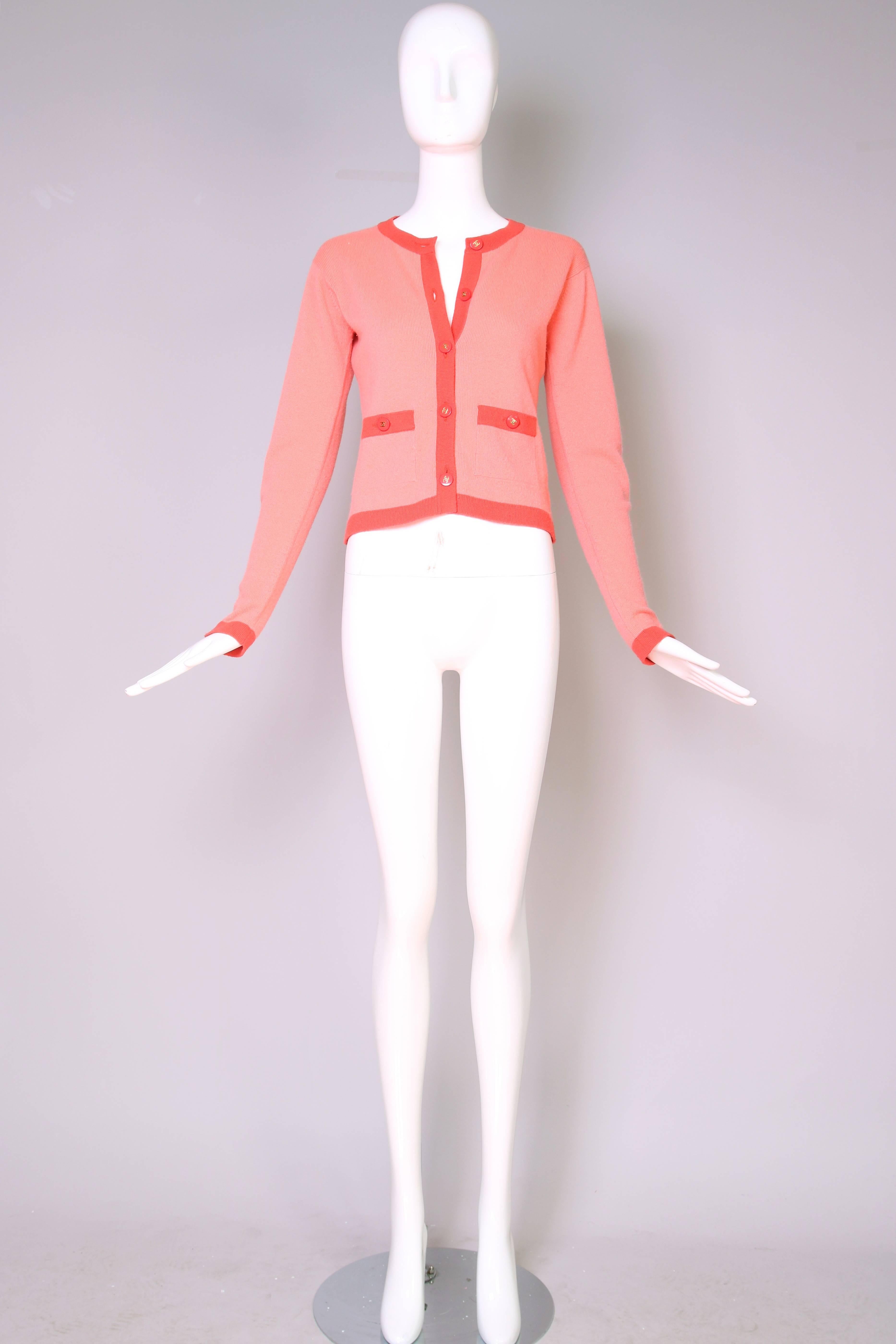 Chanel Pink Cashmere Twin Set w/Chanel Logo buttons In Excellent Condition In Studio City, CA