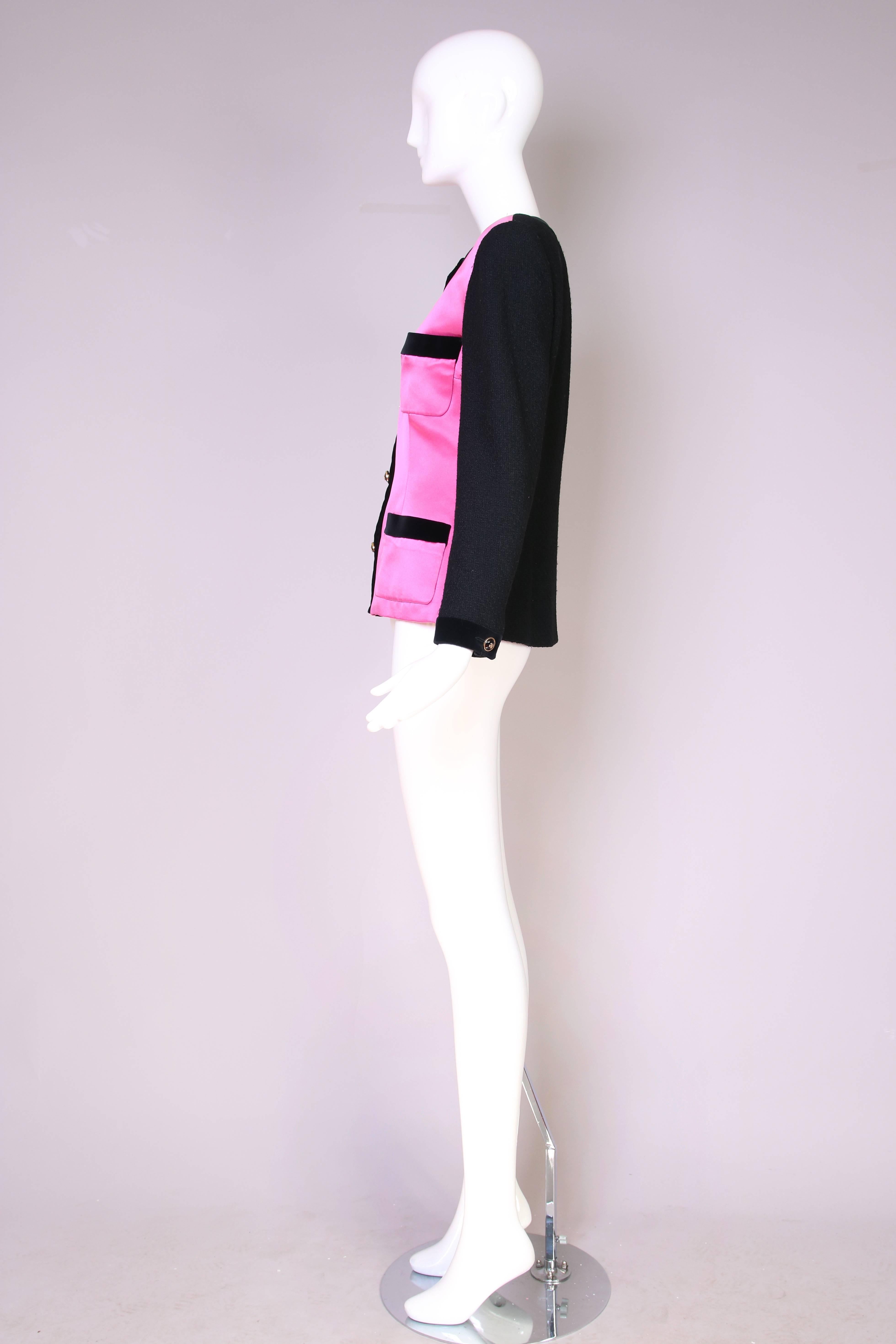 Purple Chanel Pink Satin & Black Boucle Jacket w/Velvet Trim & Four-leaf Clover Buttons