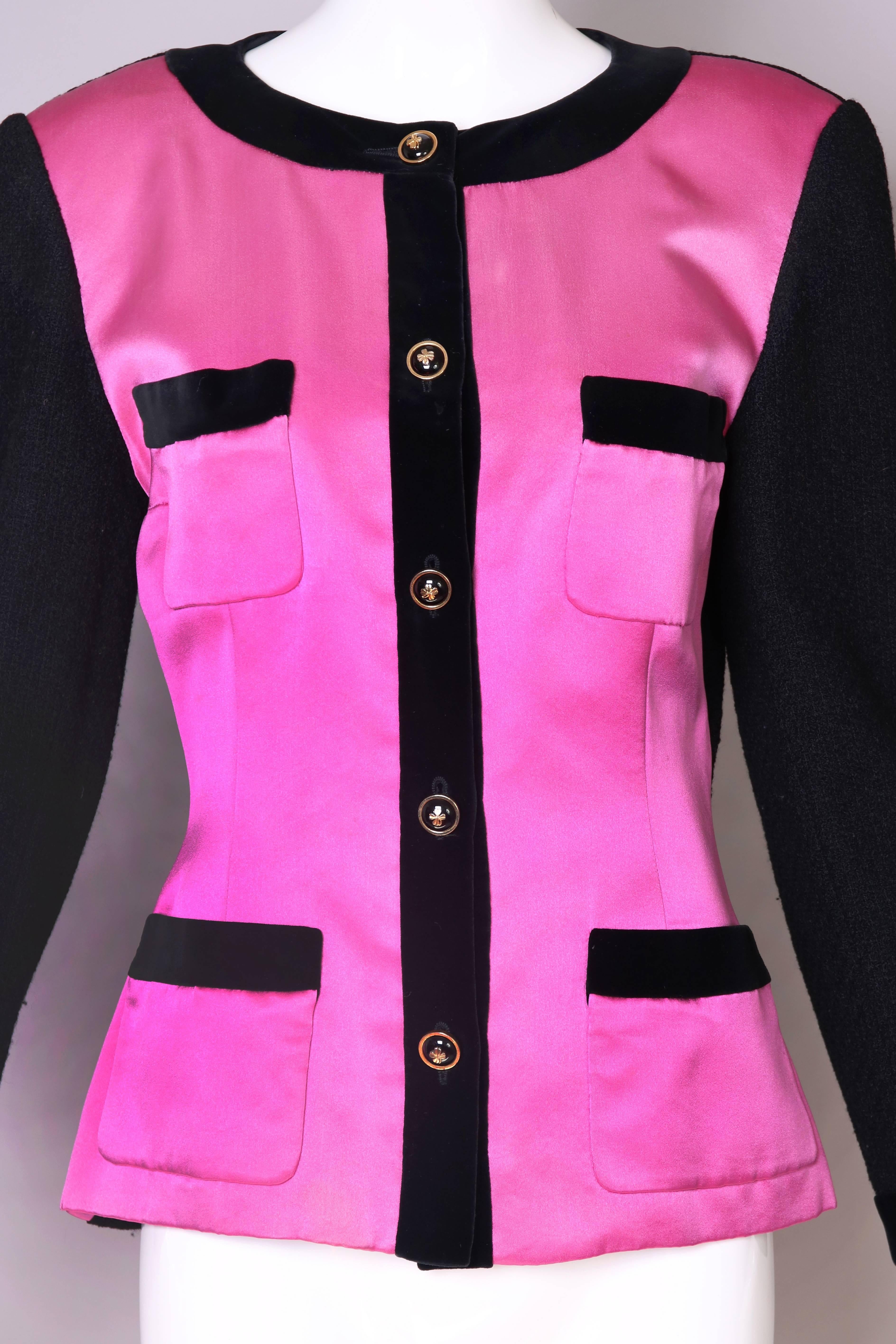 Women's Chanel Pink Satin & Black Boucle Jacket w/Velvet Trim & Four-leaf Clover Buttons