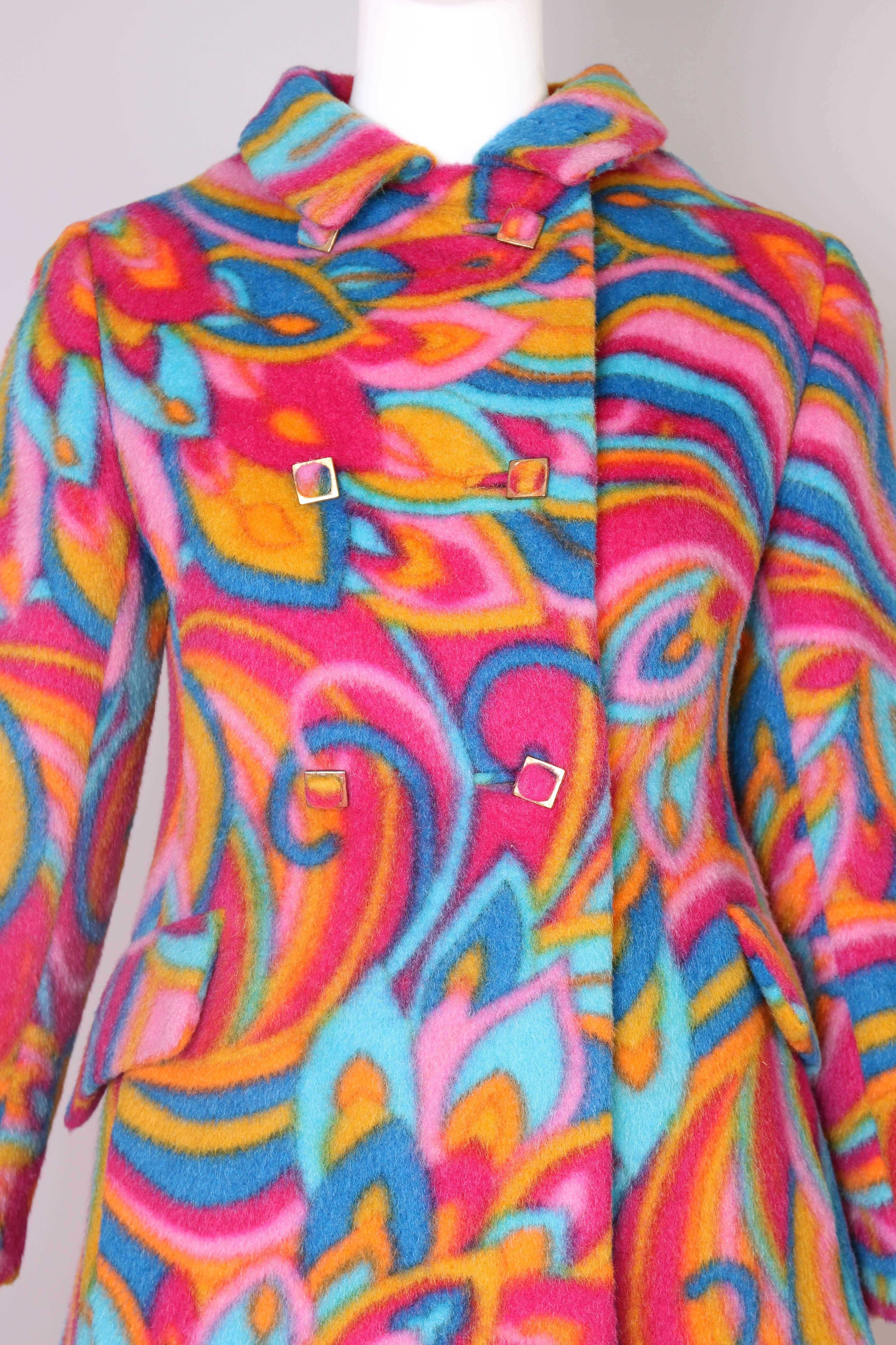 Pink 1960's Bill Blass Psychedelic Wool Double Breasted Coat
