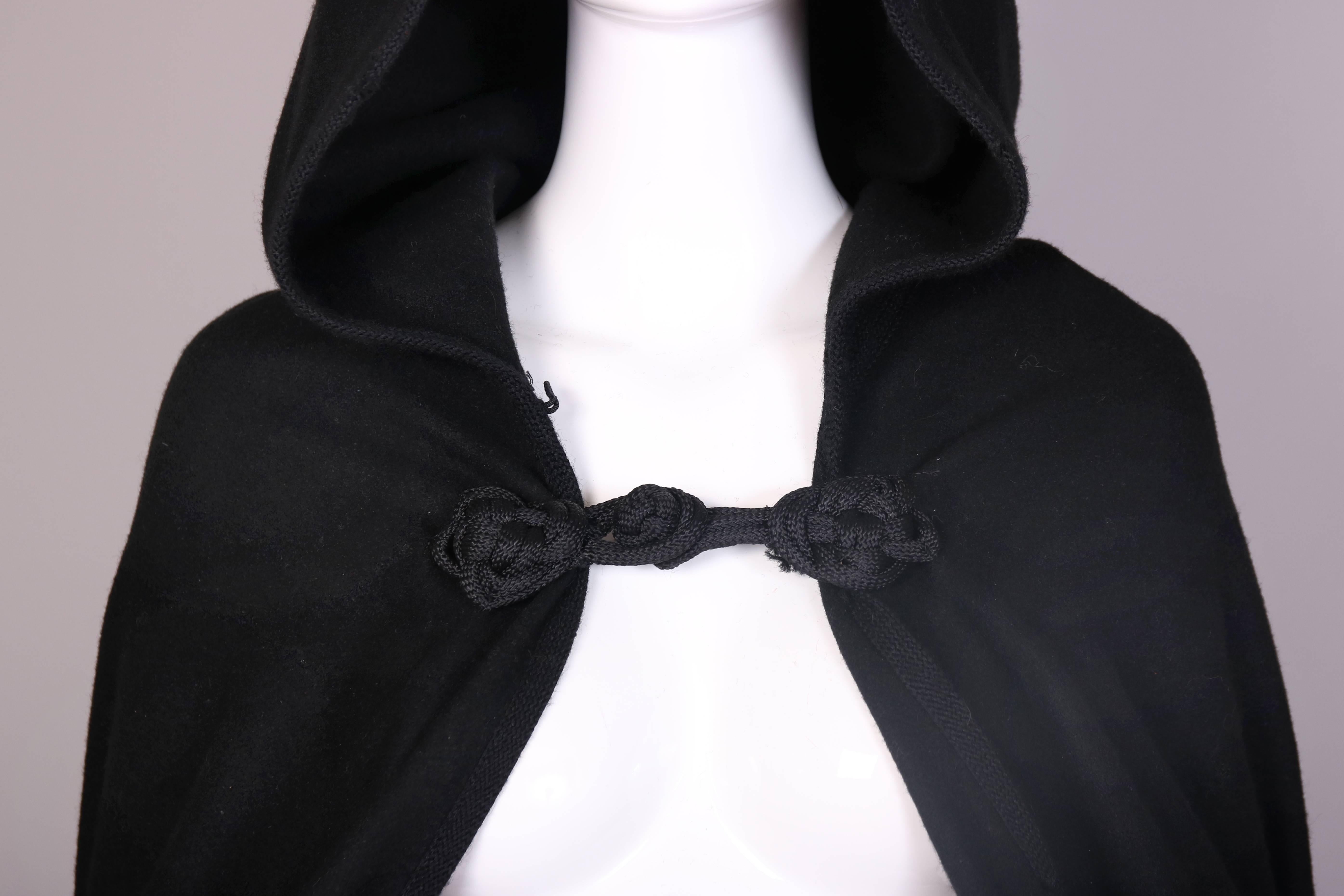 1970's Yves Saint Laurent YSL Black Wool Hooded Cape W/ Woven Clasp Detail 2
