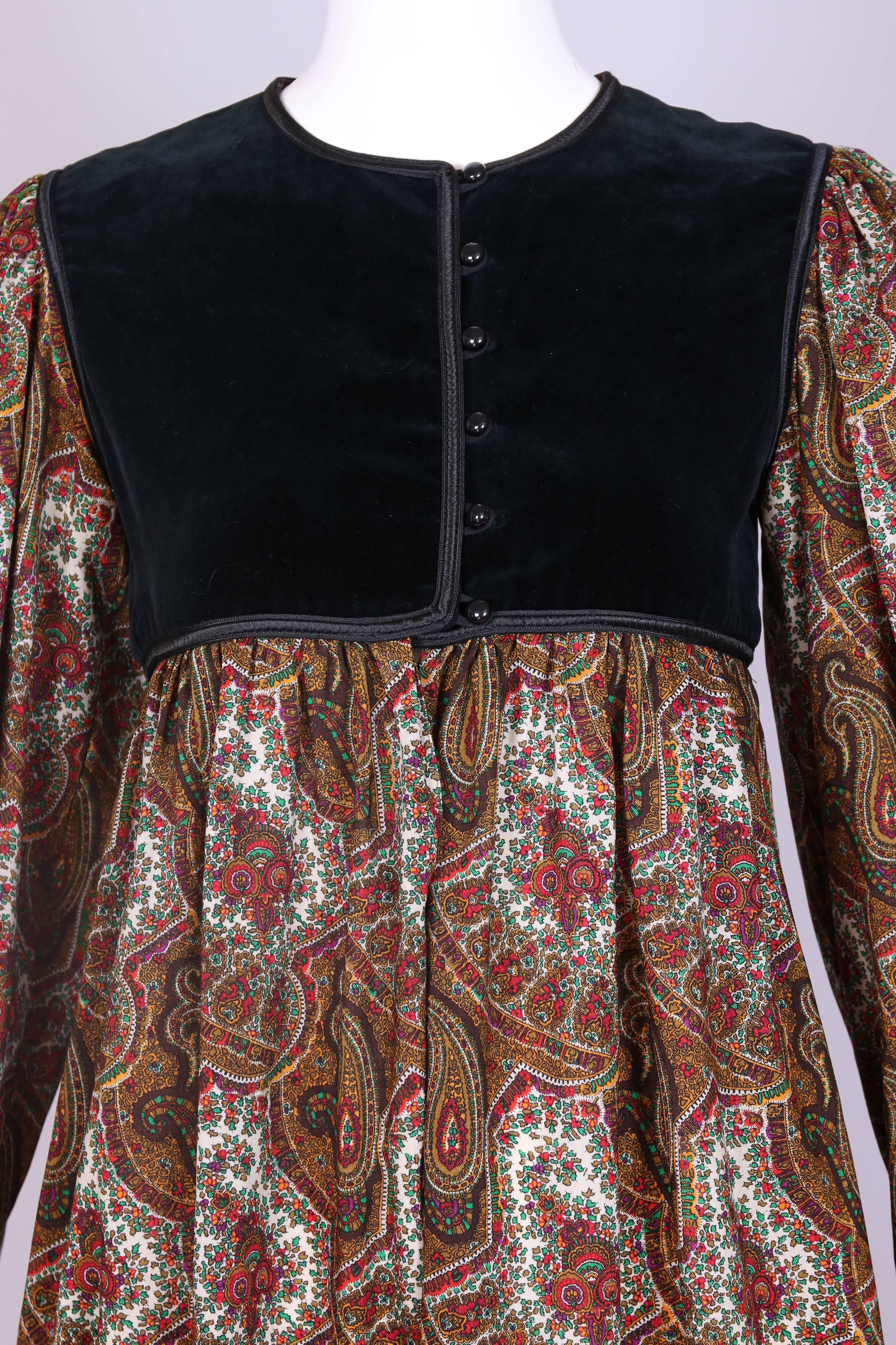 Vintage Yves Saint Laurent YSL Paisley Print Peasant Dress w/Velvet Trim In Excellent Condition In Studio City, CA