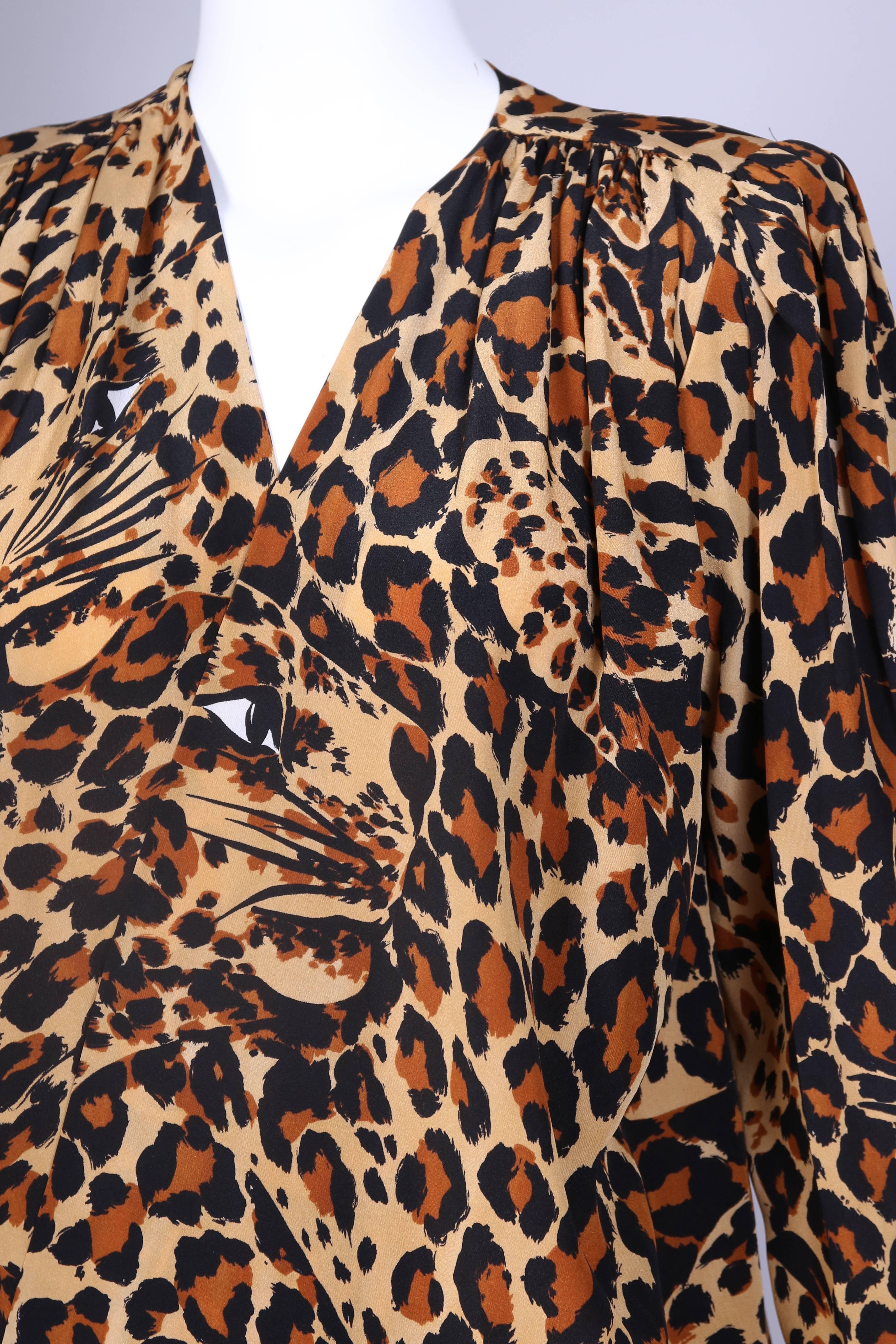 Brown Yves Saint Laurent YSL Silk Leopard Print Blouse & Skirt Ensemble