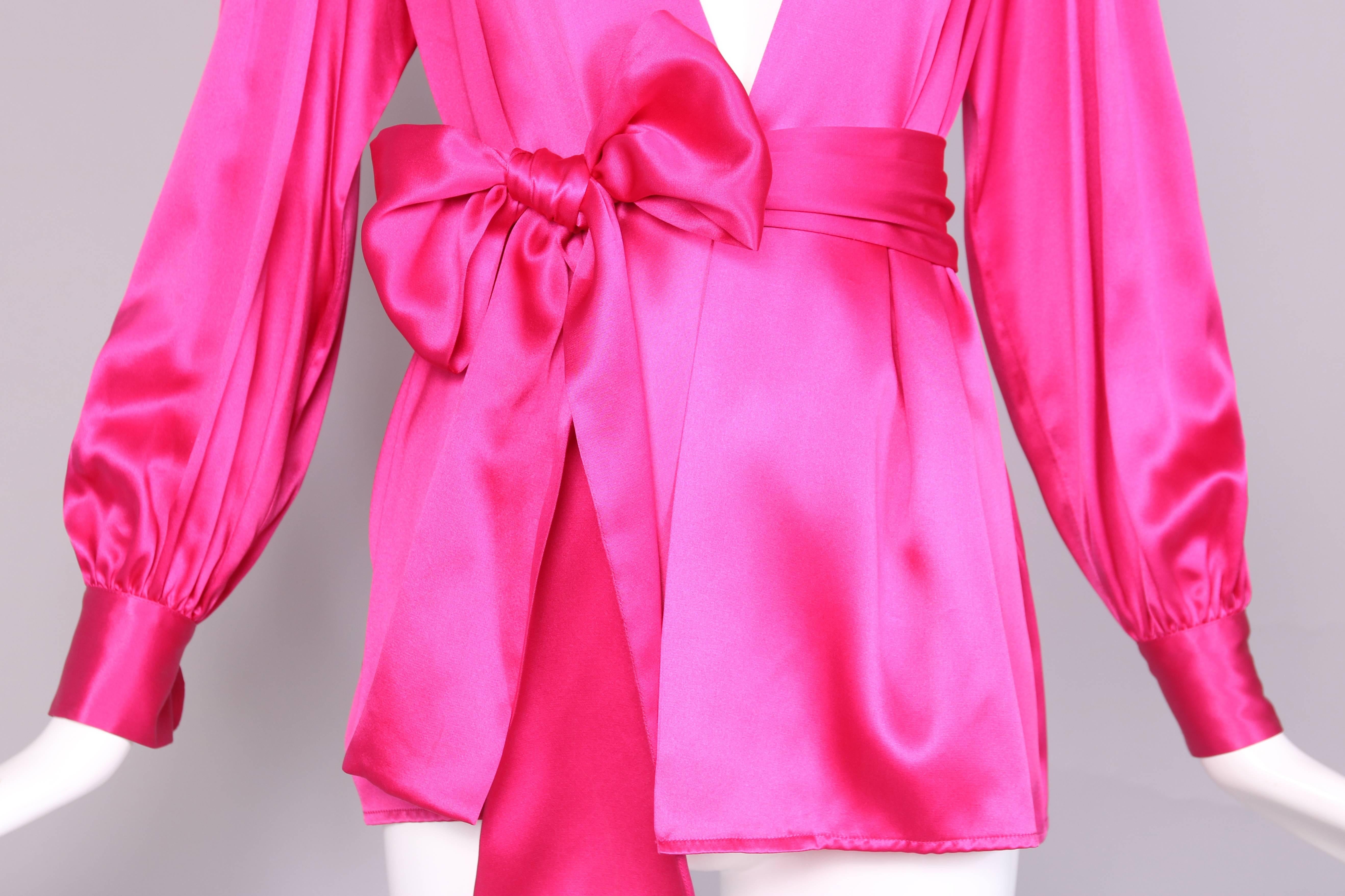 1970's Yves Saint Laurent YSL Hot Pink Silk Blouse W/Matching Sash In Excellent Condition In Studio City, CA