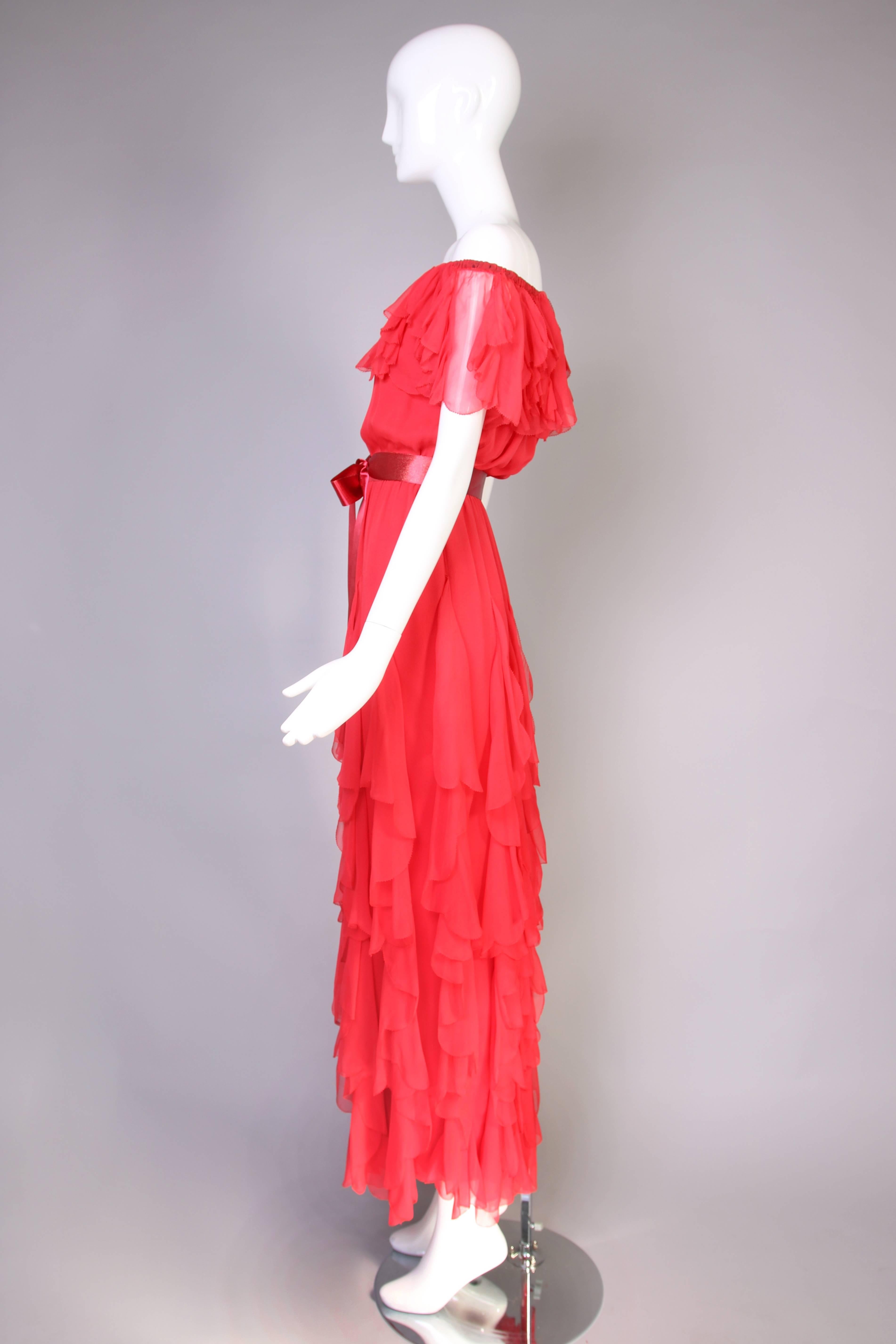Women's 1970's Yves Saint Laurent YSL Red Silk Chiffon Ruffled Evening Gown