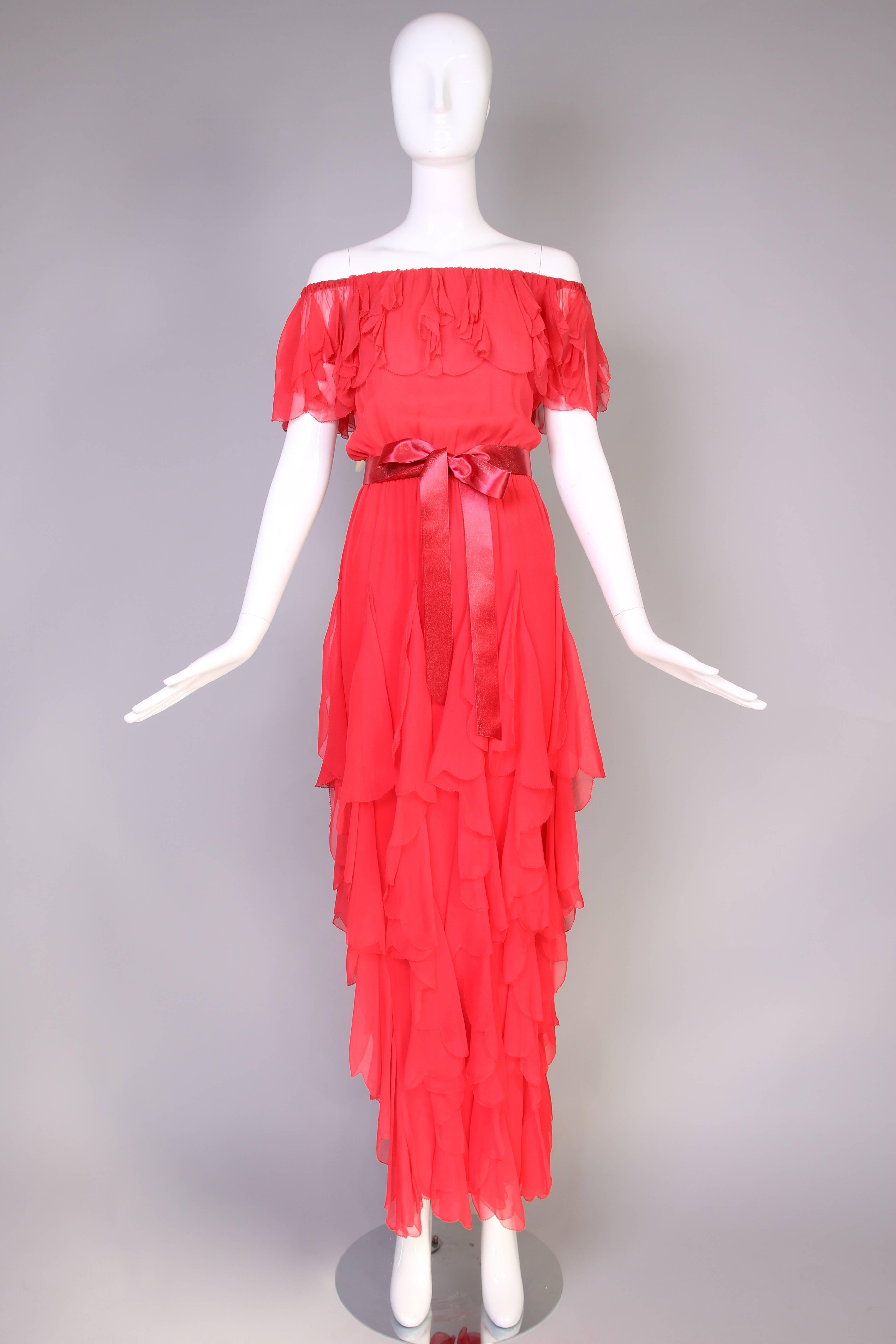 1970's Yves Saint Laurent YSL Red Silk Chiffon Ruffled Evening Gown In Excellent Condition In Studio City, CA