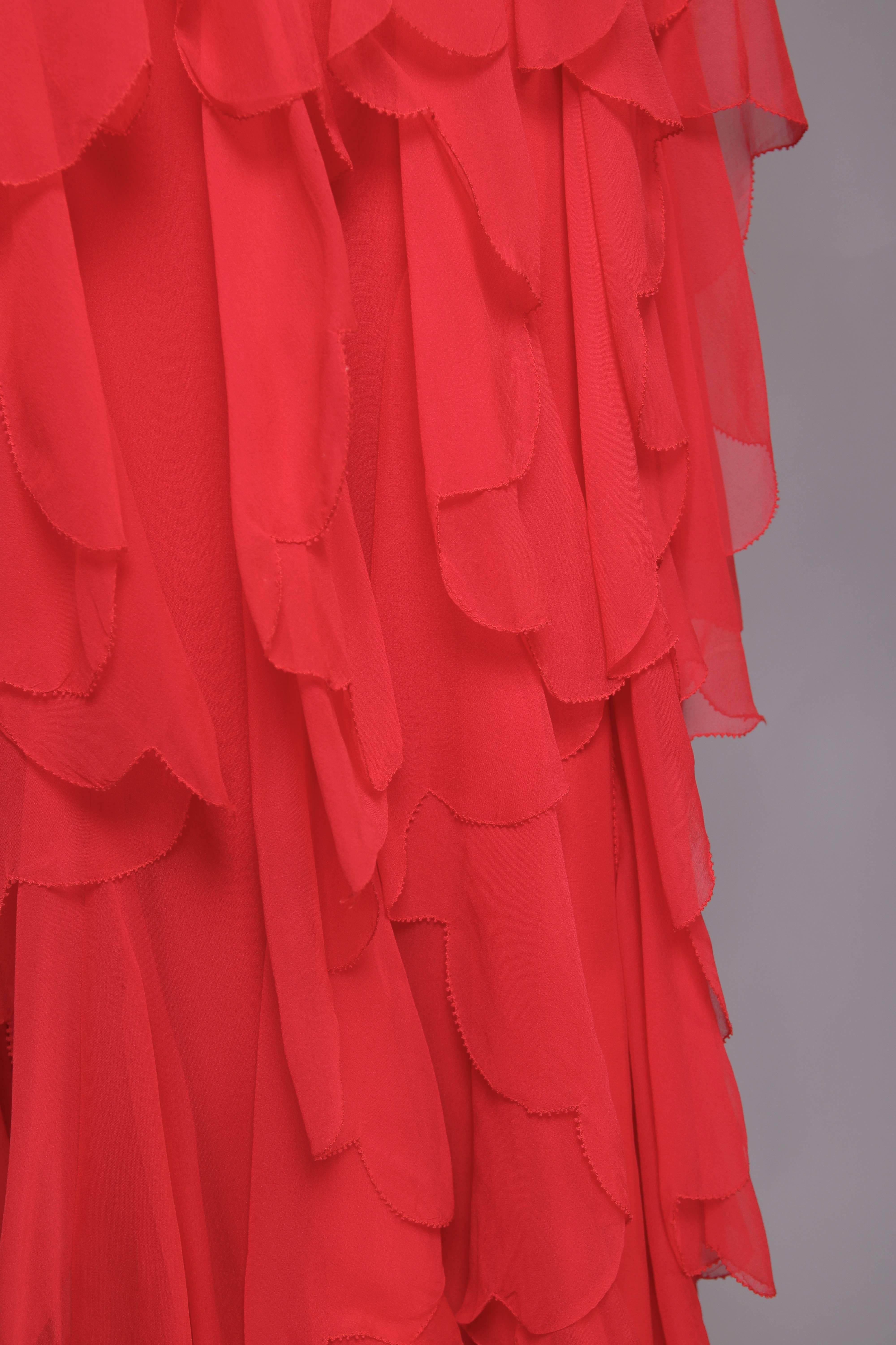 1970's Yves Saint Laurent YSL Red Silk Chiffon Ruffled Evening Gown 3