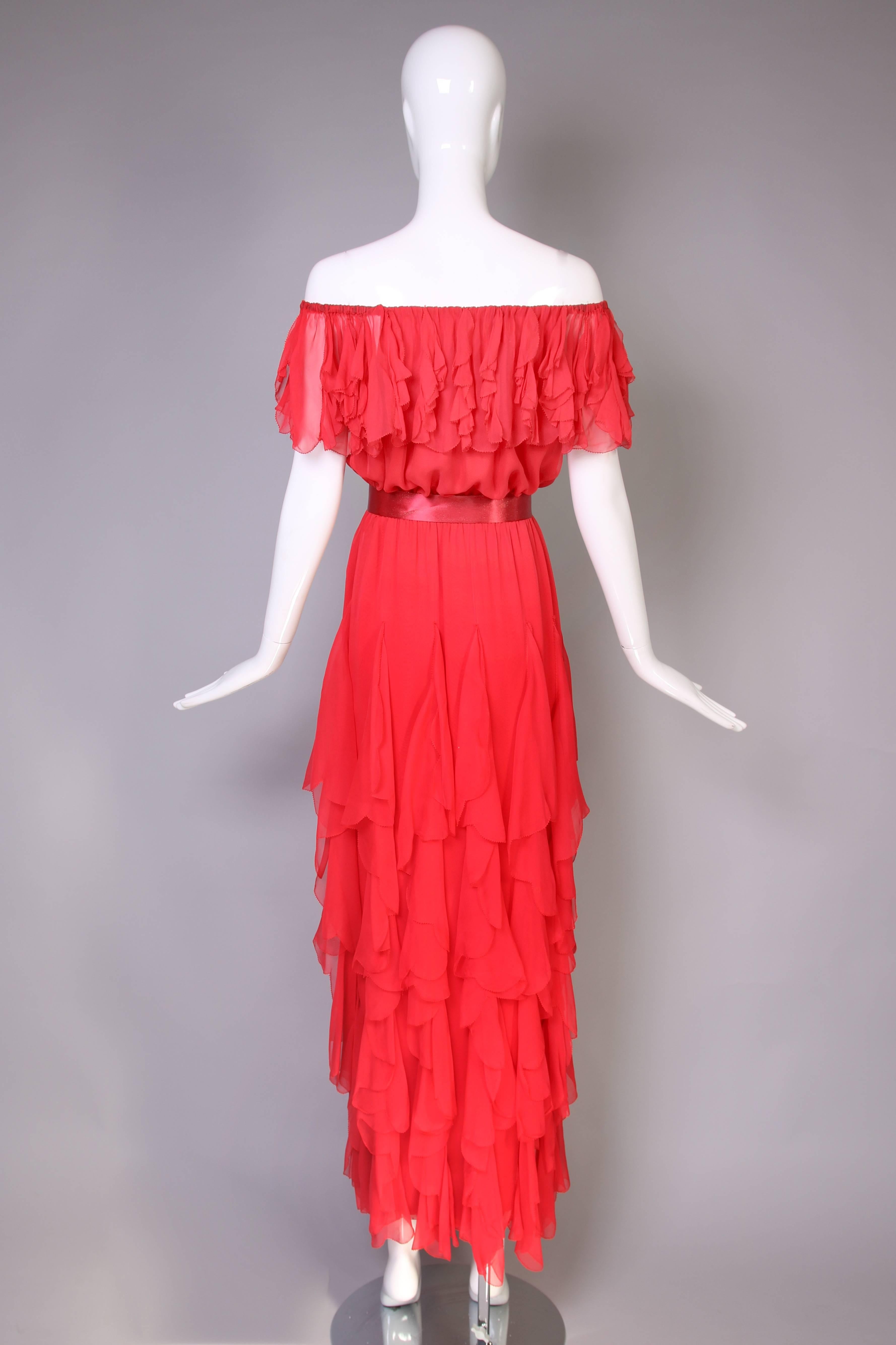 1970's Yves Saint Laurent YSL Red Silk Chiffon Ruffled Evening Gown 1
