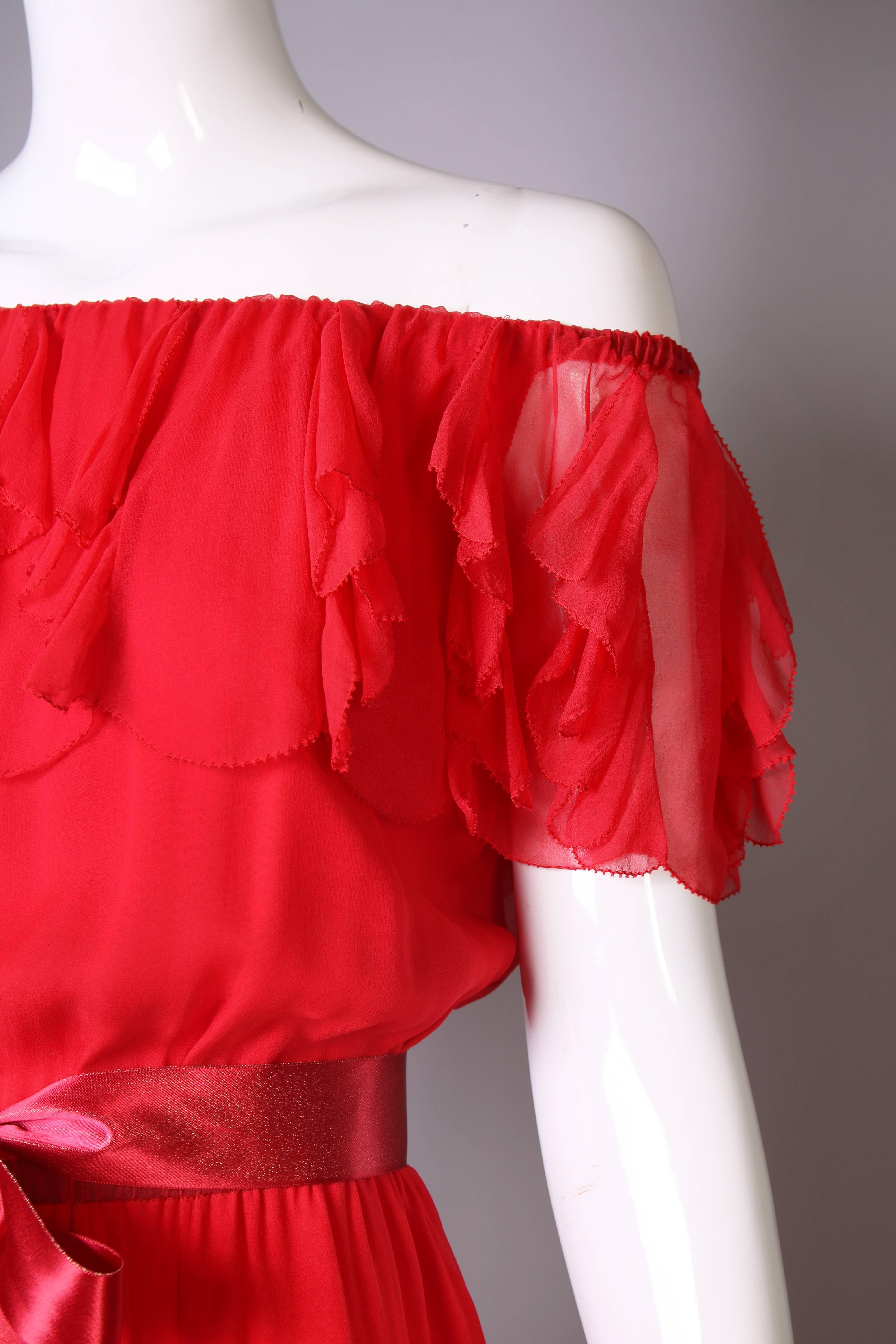 1970's Yves Saint Laurent YSL Red Silk Chiffon Ruffled Evening Gown 2