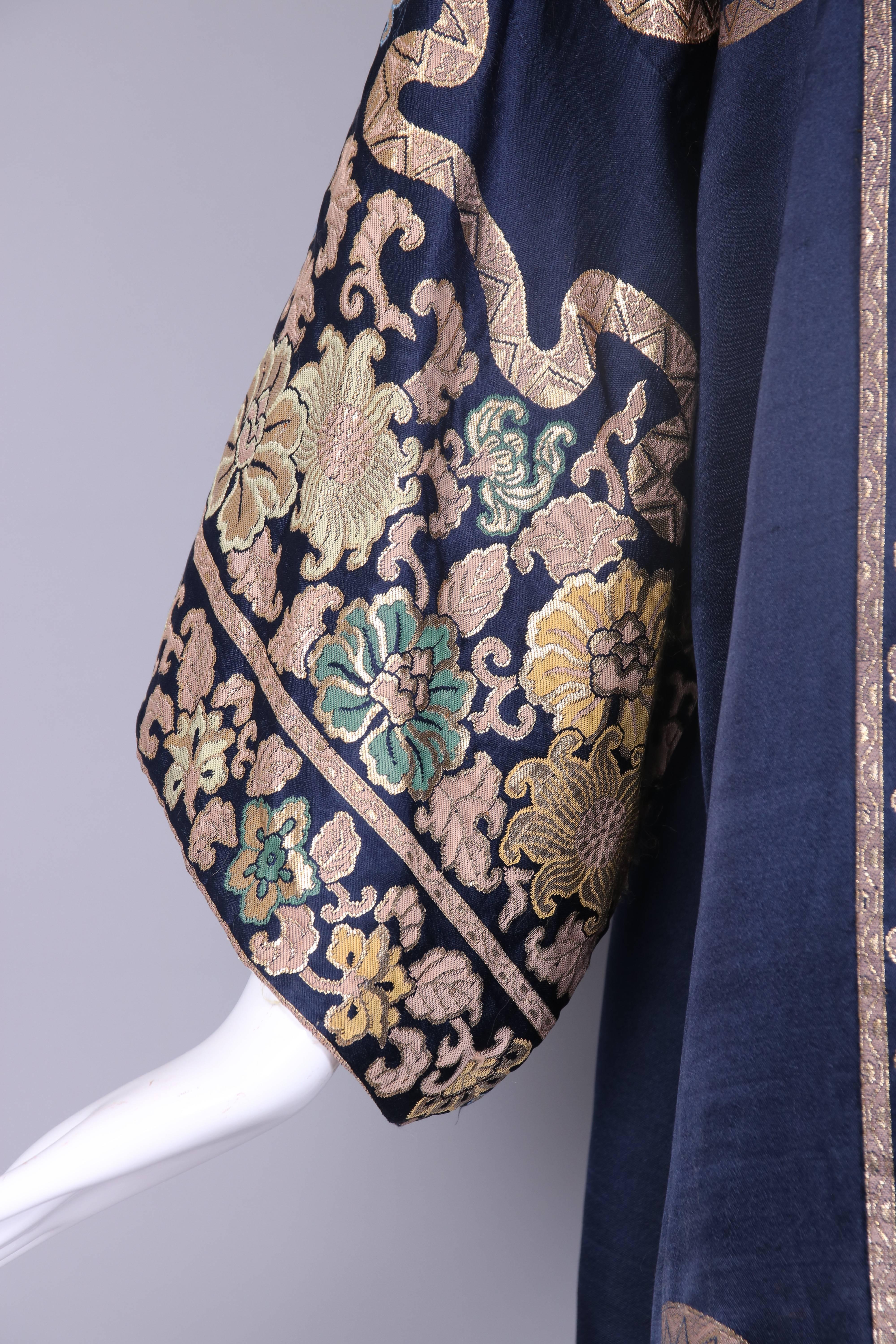 Gray 1920's Silk Coat Duster w/Kimono Sleeves & Metallic Floral Design Motif