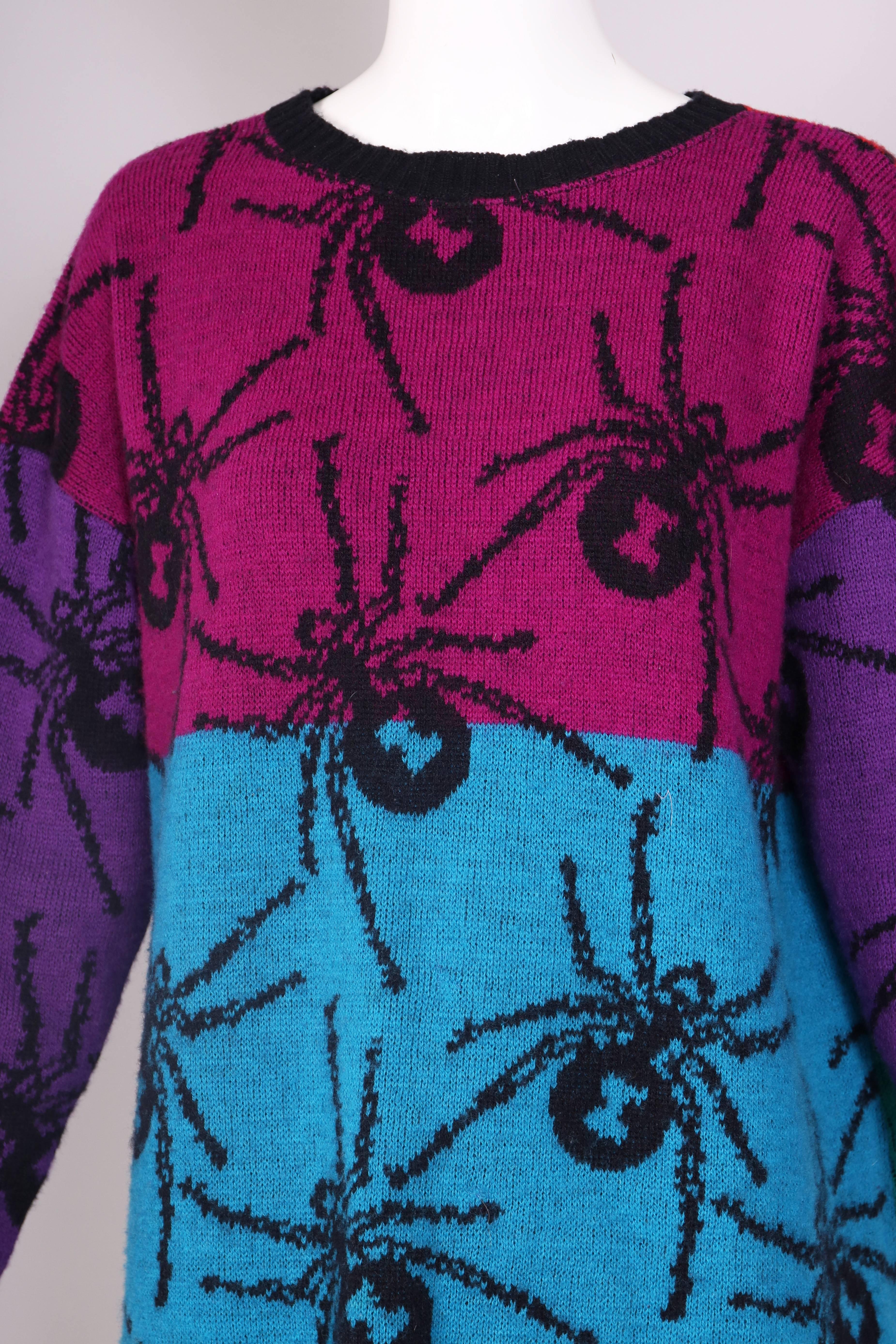 Purple Circa 1984 Betsey Johnson Color Block Spider Print Sweater 