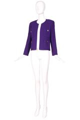 Vintage Chanel Purple Boucle Wool Jacket & Skirt w/Jeweled Clock Print Lining