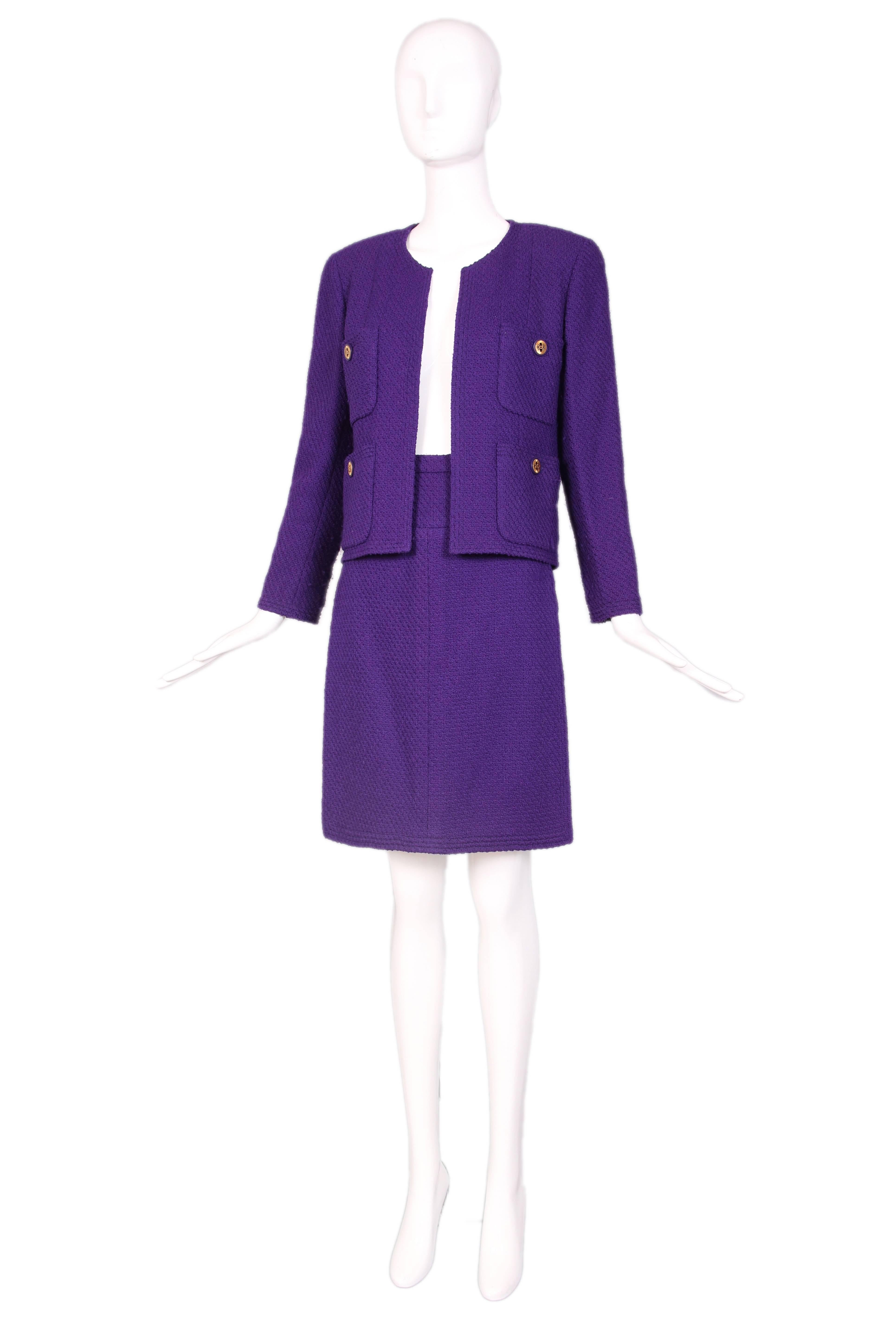 Vintage Chanel Purple Boucle Wool Jacket & Skirt w/Jeweled Clock Print Lining In Excellent Condition In Studio City, CA