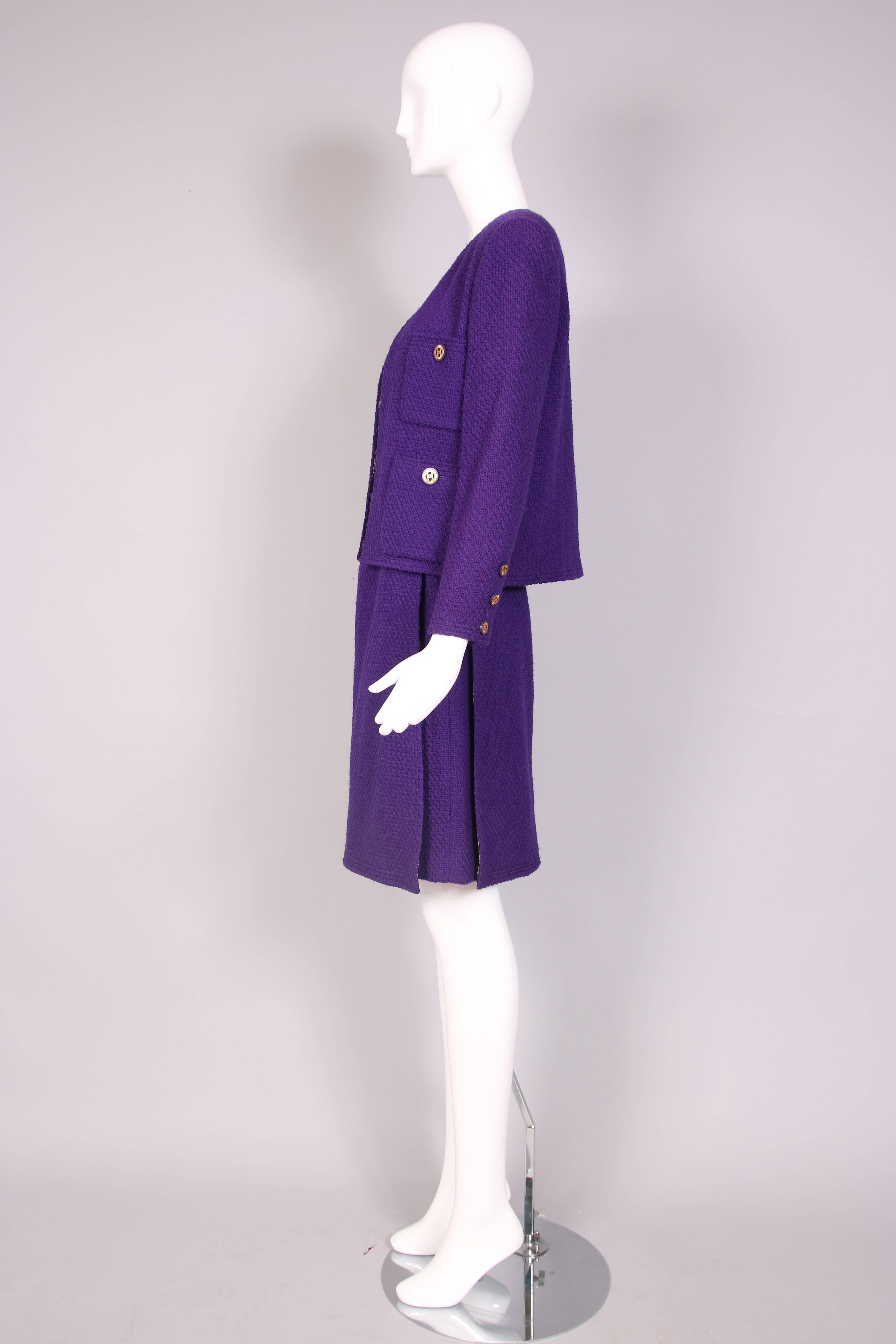 Vintage Chanel Purple Boucle Wool Jacket & Skirt w/Jeweled Clock Print Lining 1