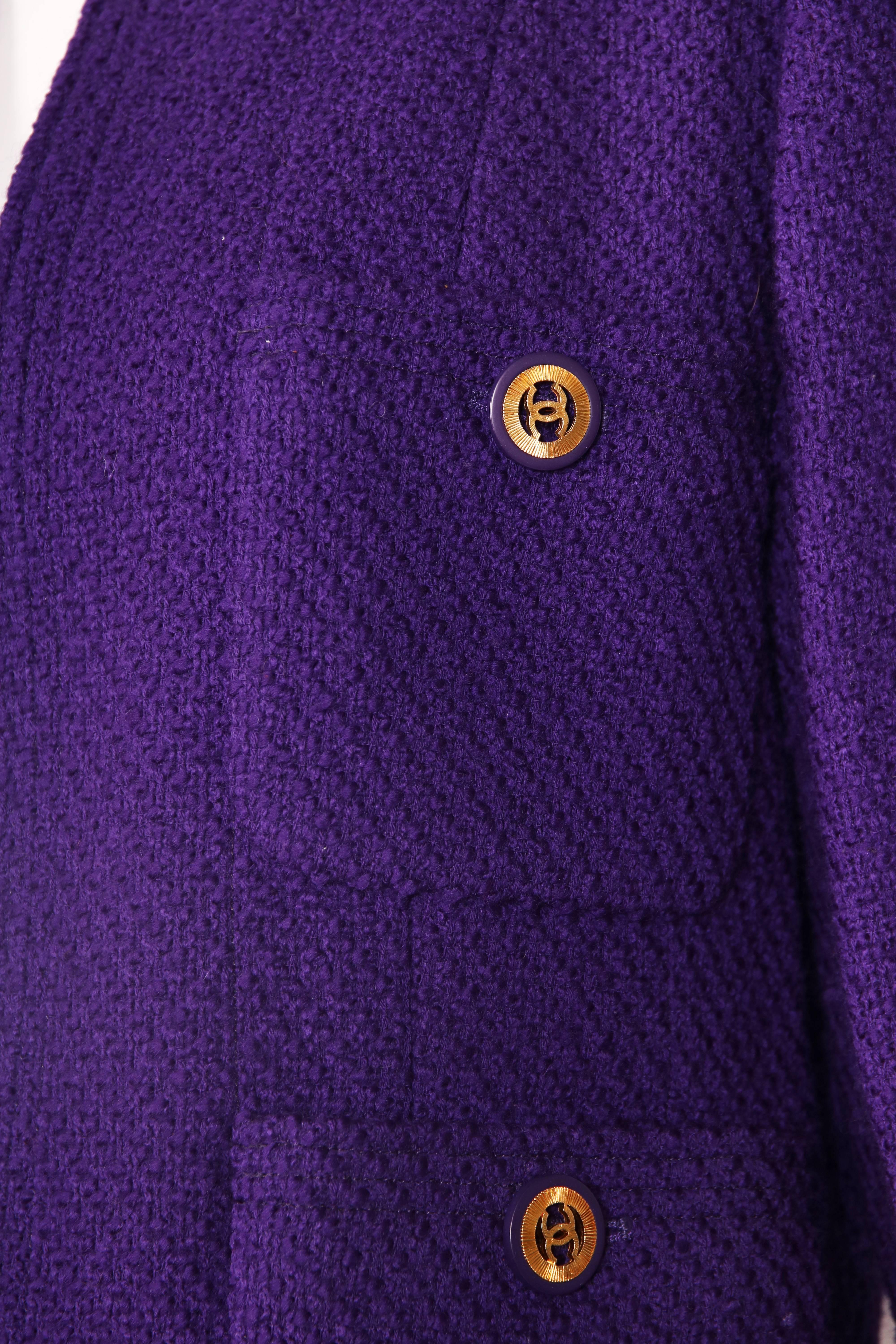 Vintage Chanel Purple Boucle Wool Jacket & Skirt w/Jeweled Clock Print Lining 2