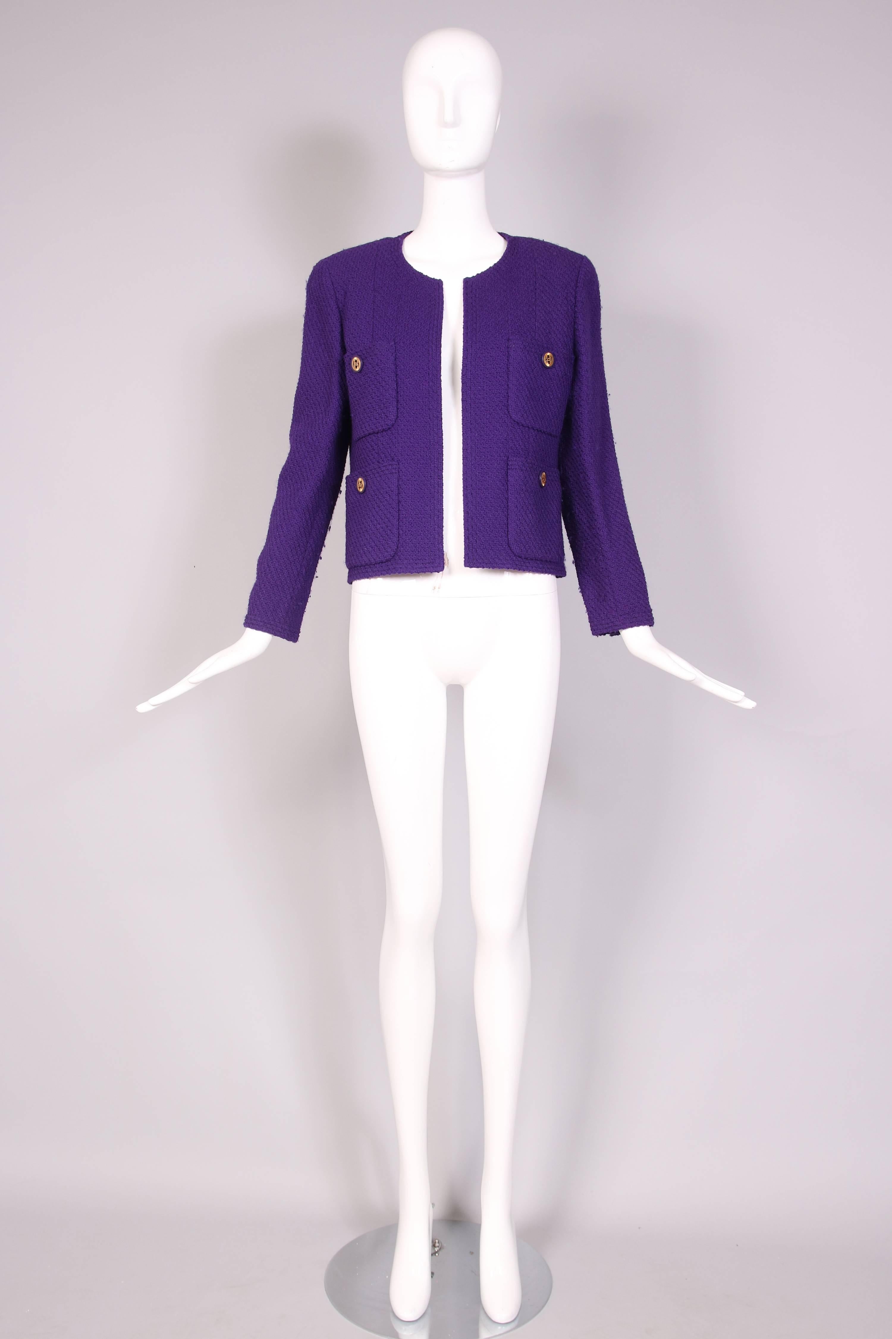Women's Vintage Chanel Purple Boucle Wool Jacket & Skirt w/Jeweled Clock Print Lining