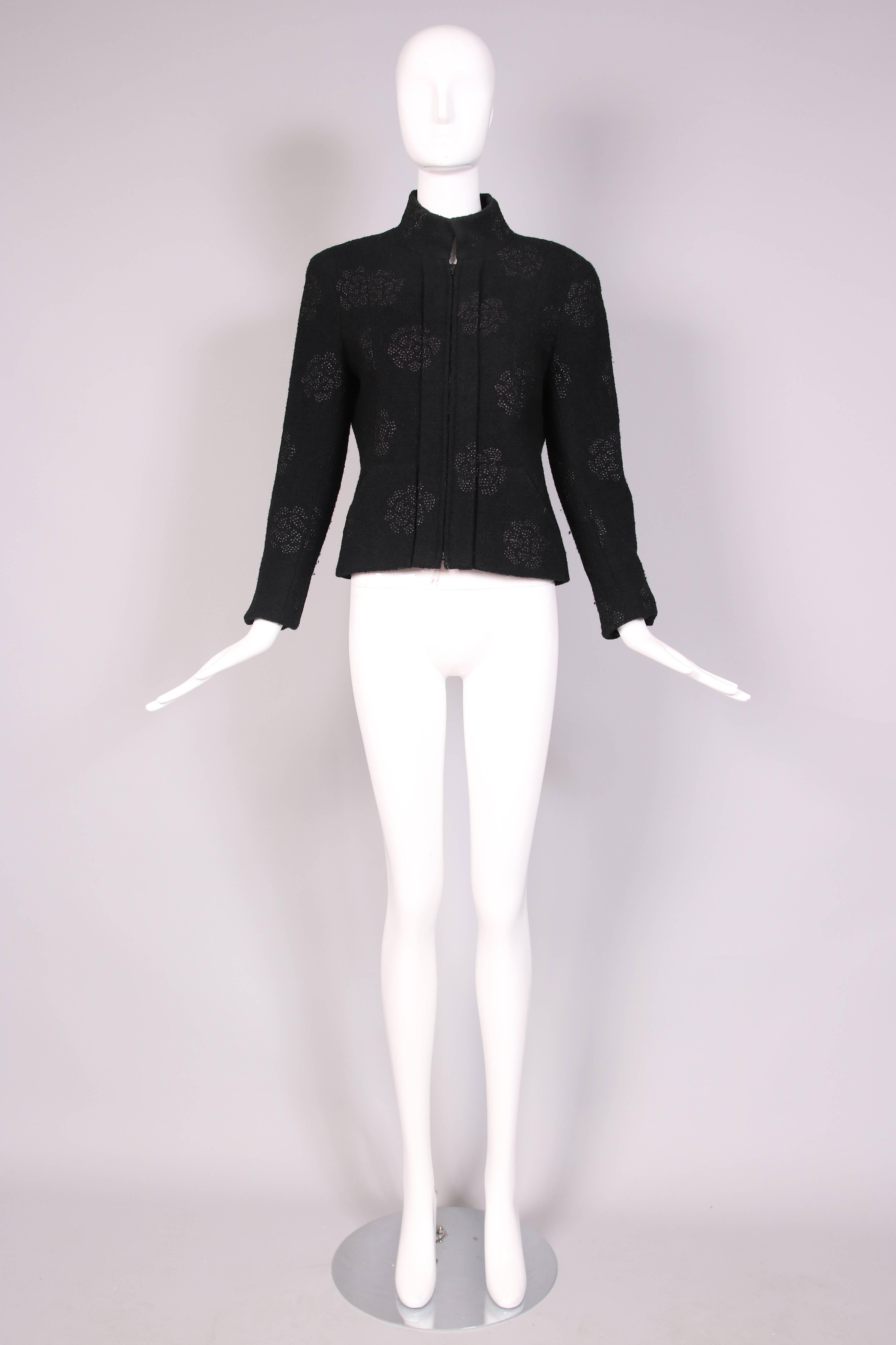 2003 Chanel Black Wool Boucle Jacket w/Camellia Print In Excellent Condition In Studio City, CA