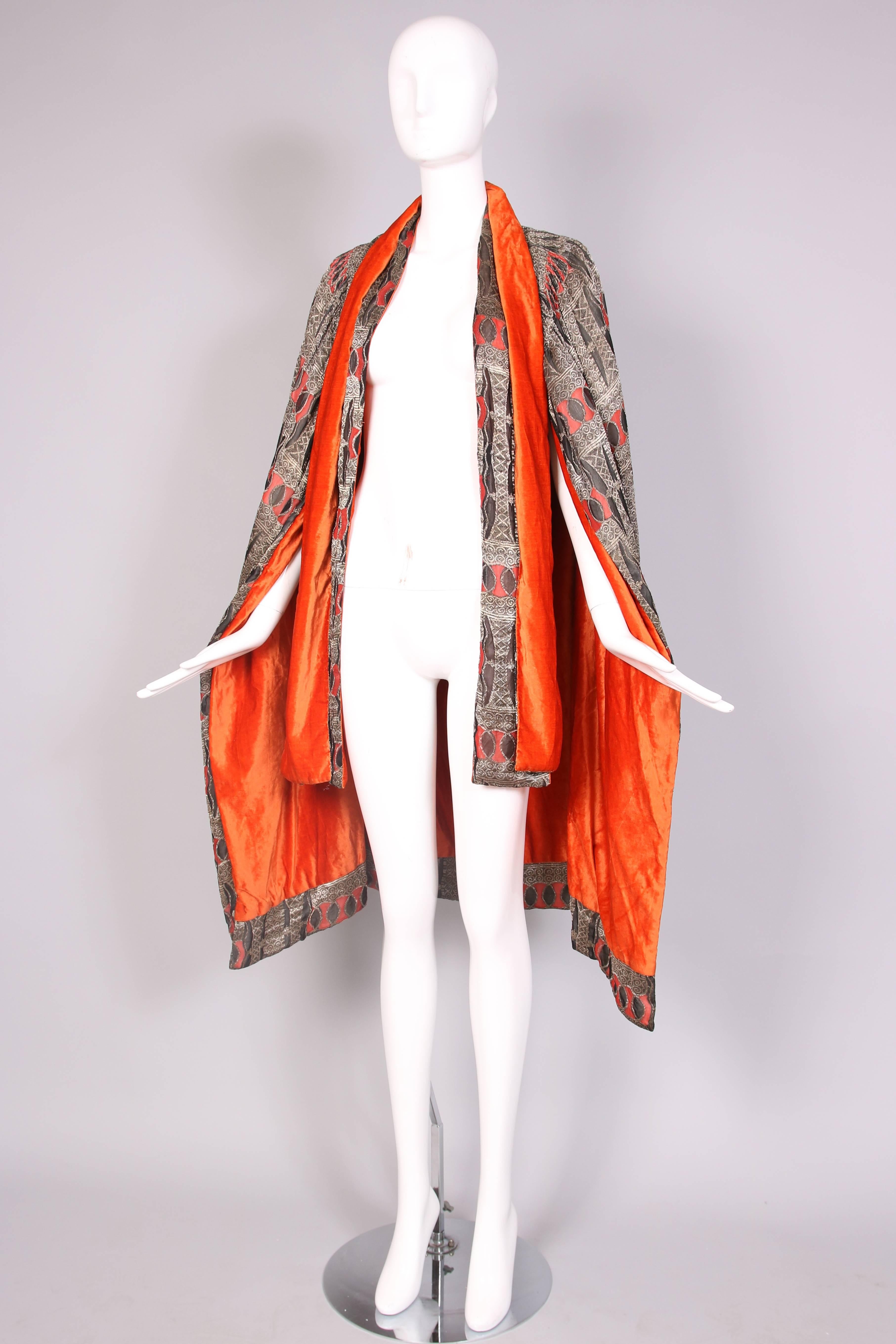 Brown 1920's Paul Poiret Inspired Geometric Print Cape w/Orange Velvet Interior