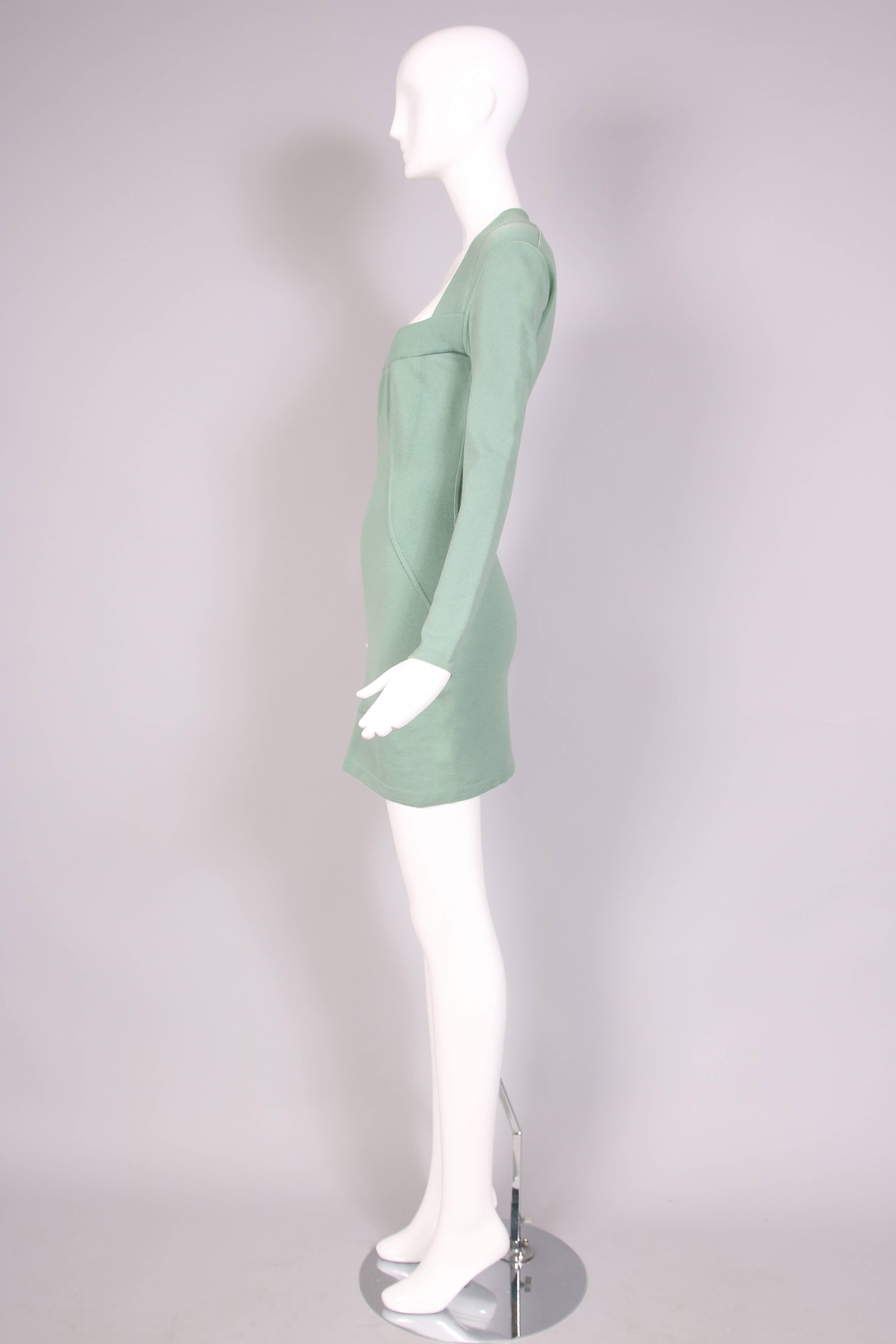 Vintage Alaia Pale Green Bodycon Long Sleeved Mini Dress In Excellent Condition In Studio City, CA