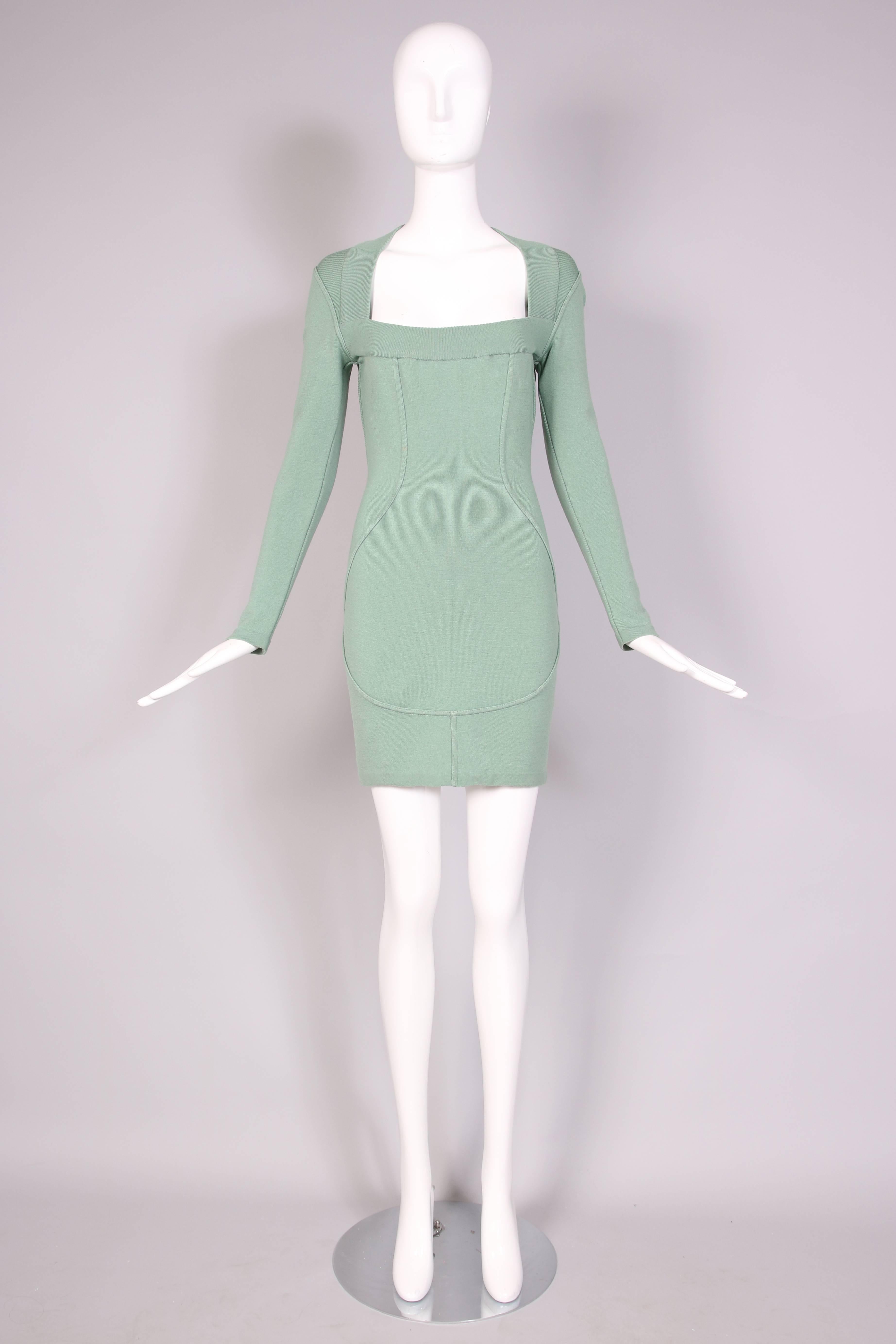Gray Vintage Alaia Pale Green Bodycon Long Sleeved Mini Dress