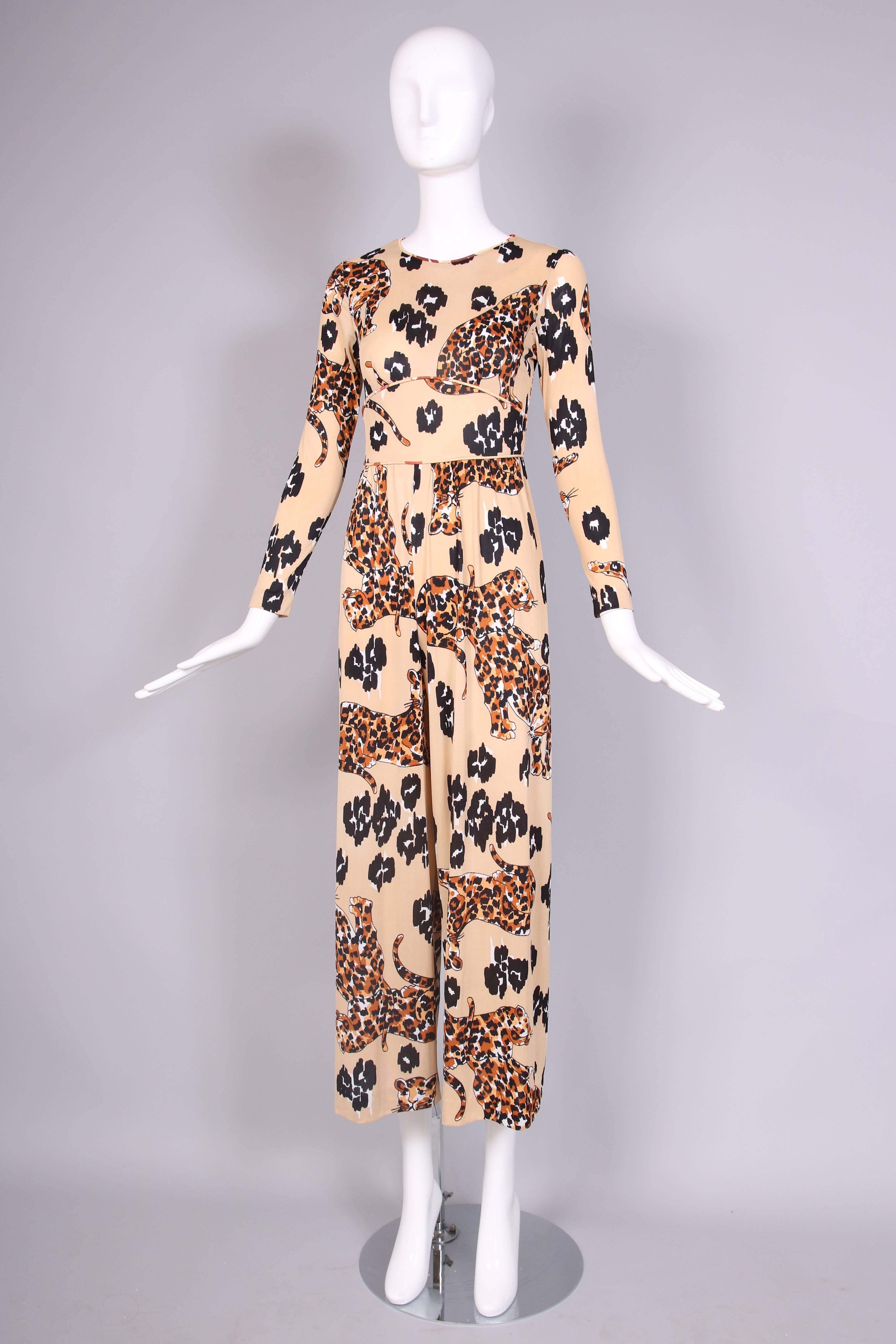 Beige 1970's Leopard Print Jersey Jumpsuit