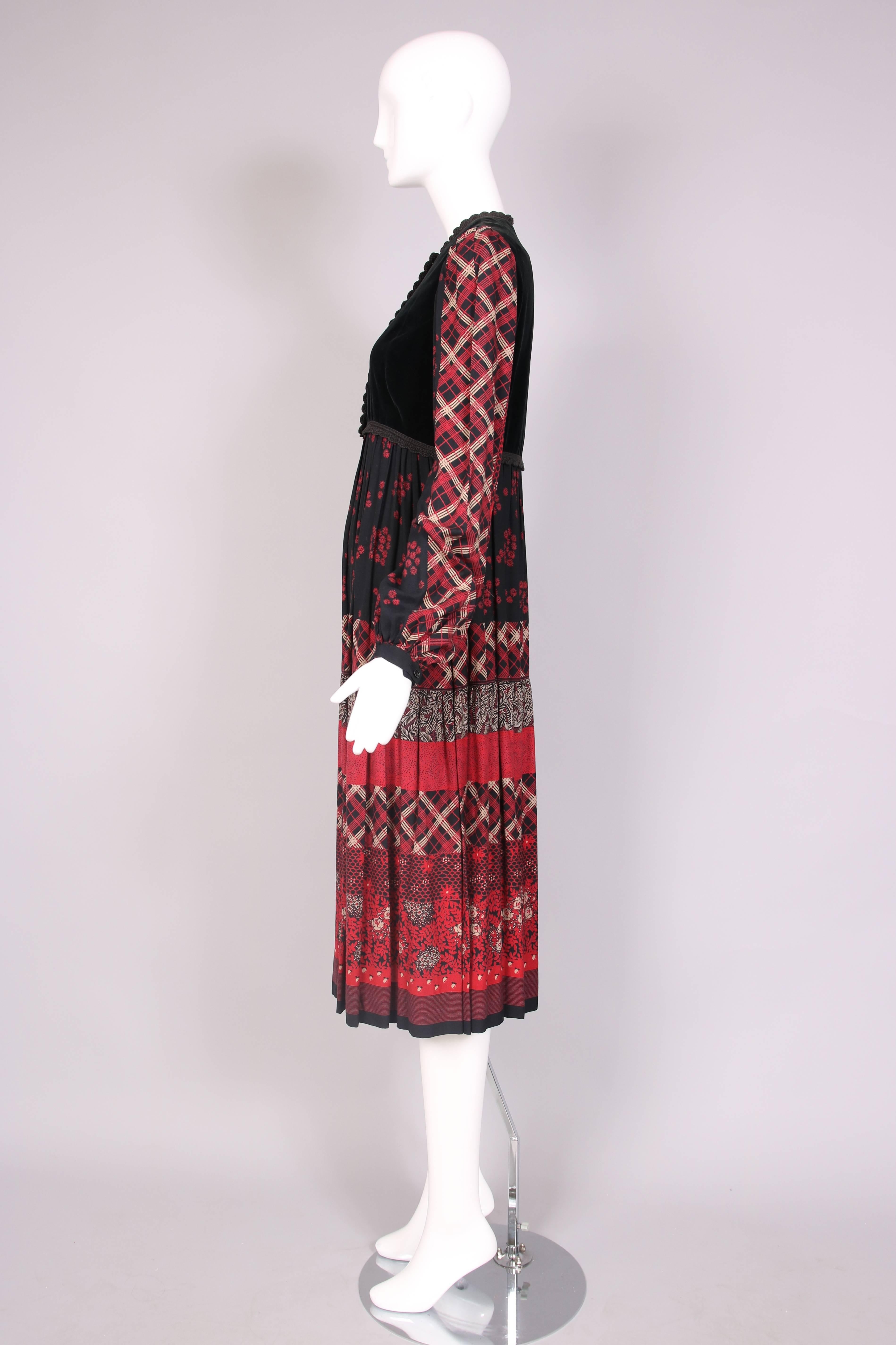 Black Victor Costa Peasant Dress W/Velvet Bodice & Multi-Patterned Print