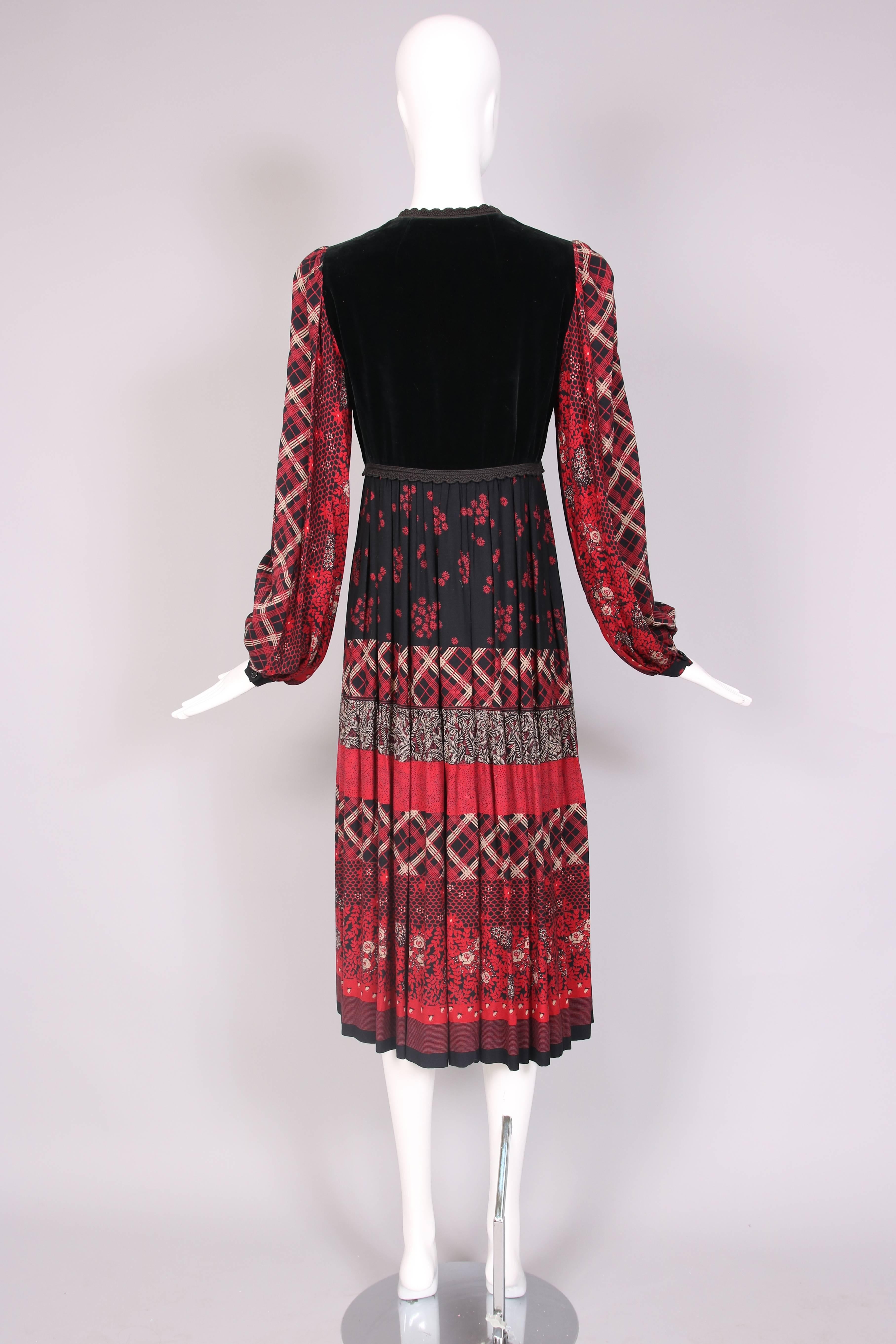 Victor Costa Peasant Dress W/Velvet Bodice & Multi-Patterned Print In Excellent Condition In Studio City, CA