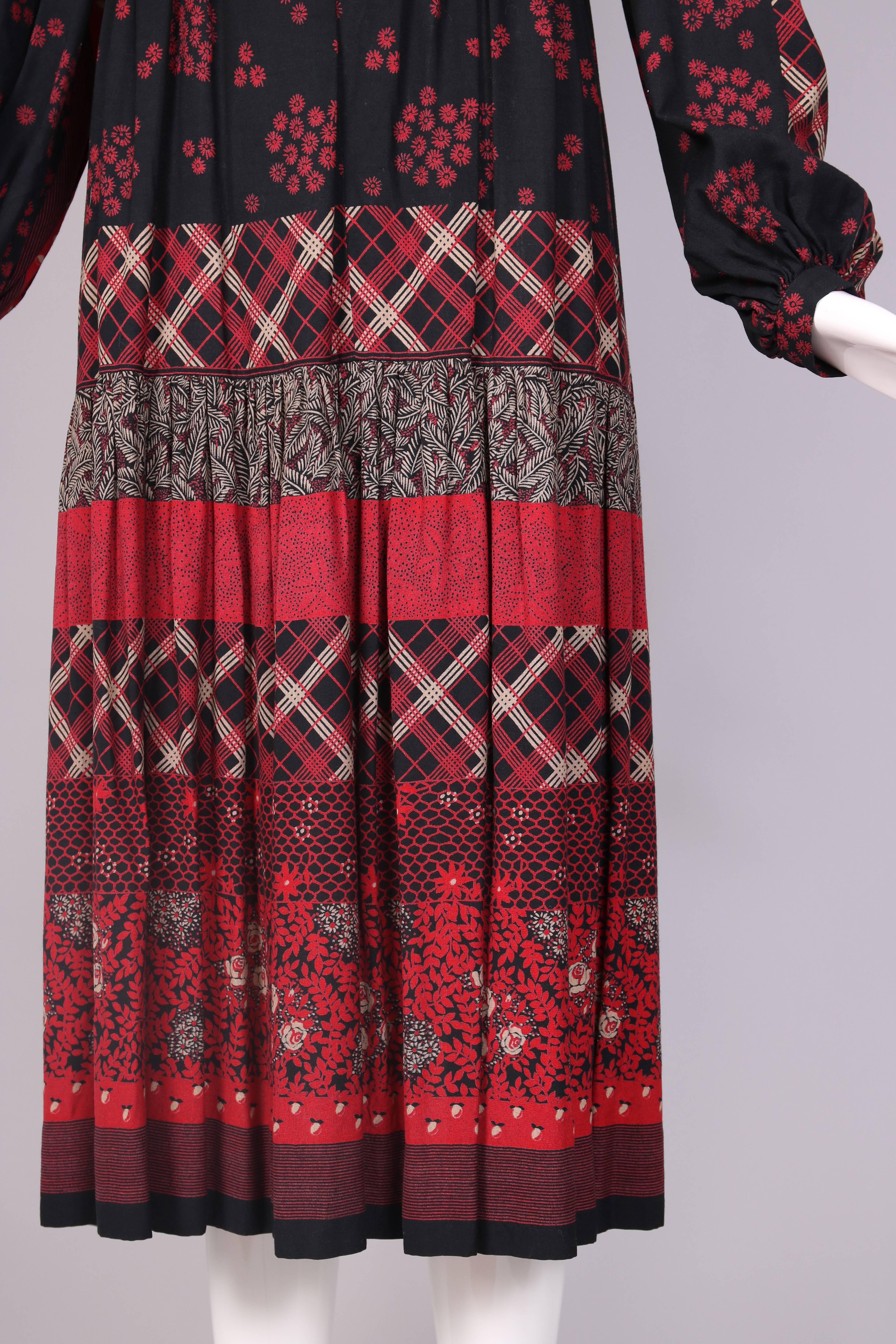 Victor Costa Peasant Dress W/Velvet Bodice & Multi-Patterned Print 1