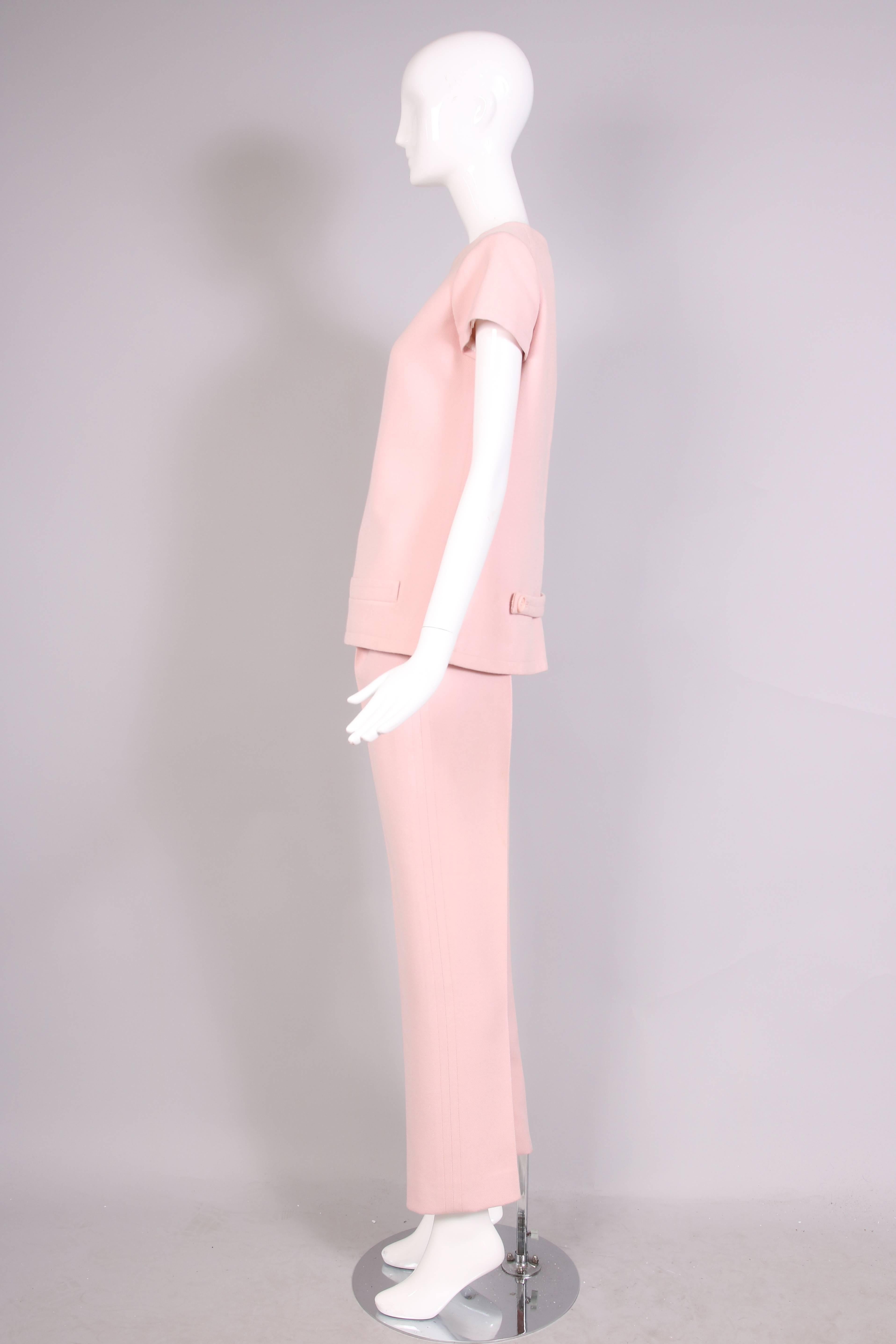 1960's Courreges for Harrods Baby Pink Tunic Top & Trouser Pant Ensemble In Excellent Condition In Studio City, CA