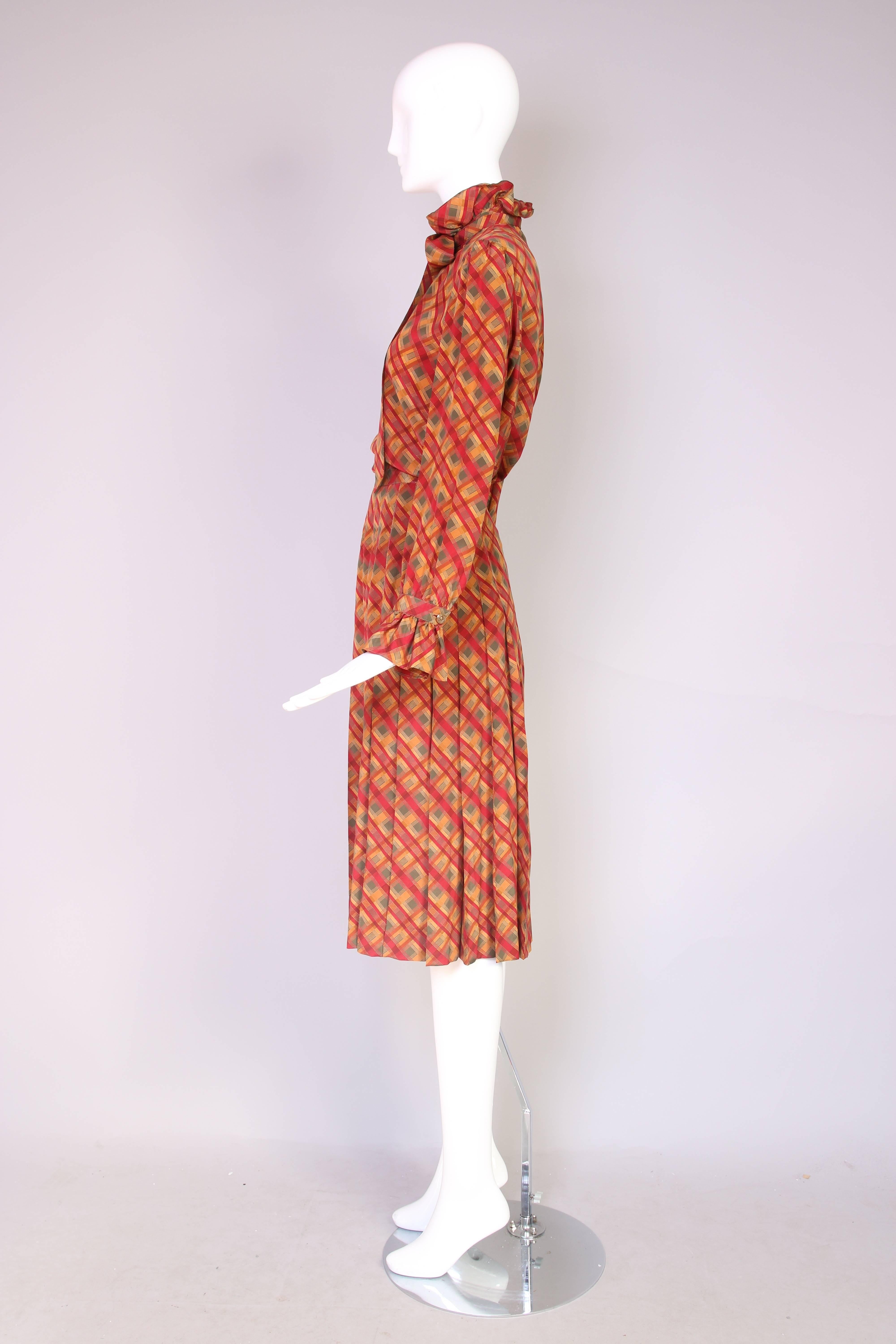 Yves Saint Laurent YSL Silk Geometric Print Blouse W/Ties & Pleated Skirt In Excellent Condition In Studio City, CA