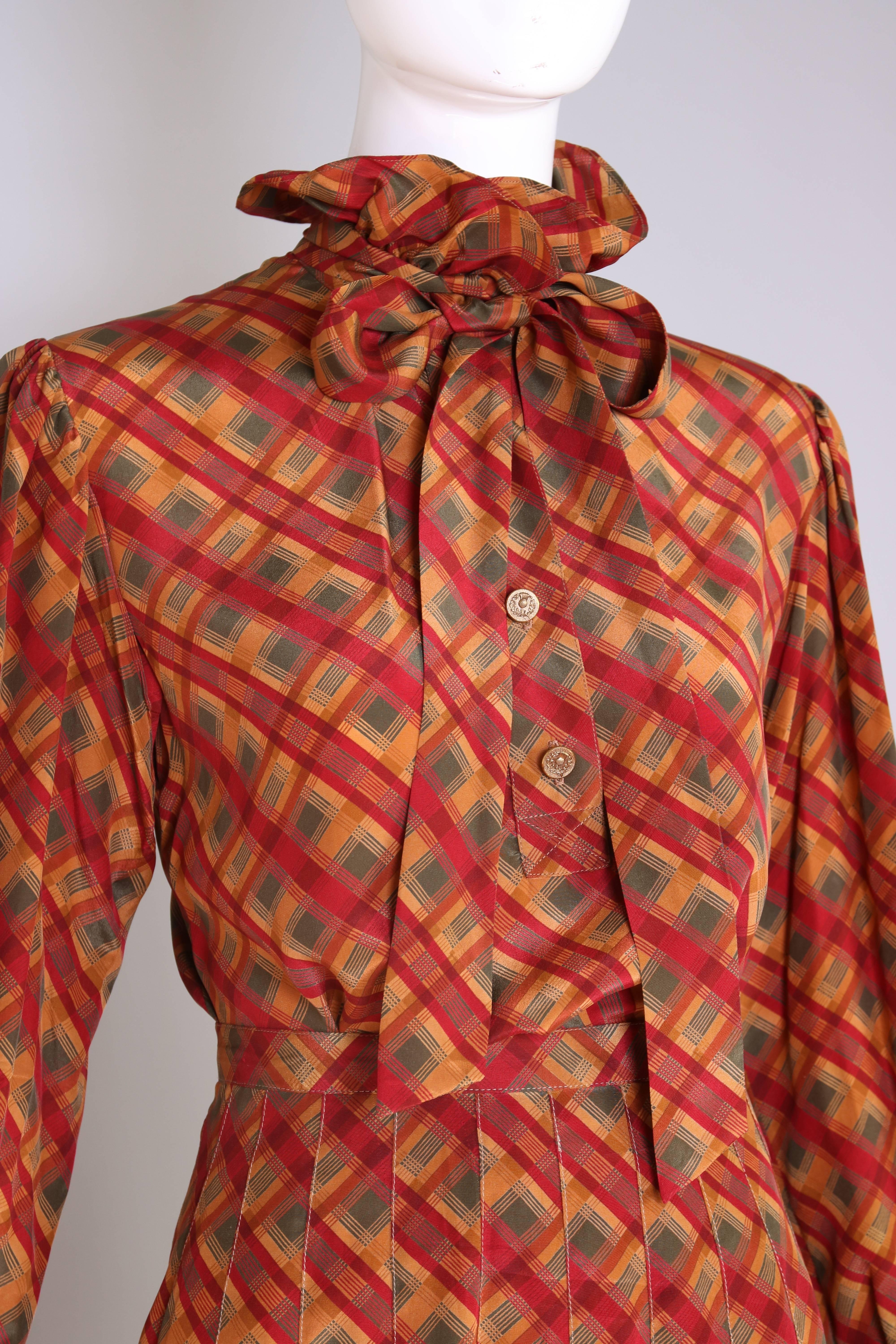 Women's Yves Saint Laurent YSL Silk Geometric Print Blouse W/Ties & Pleated Skirt