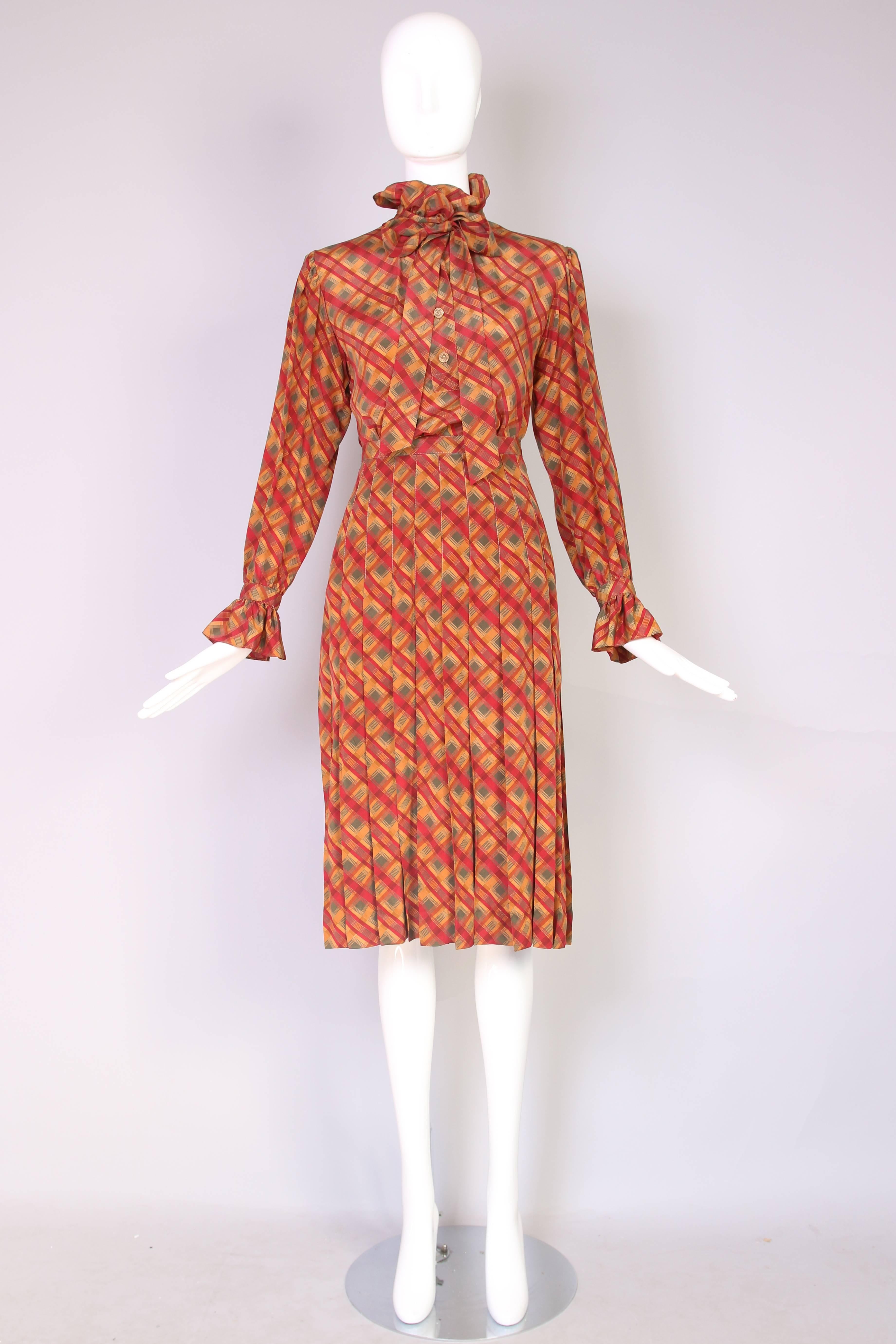 Orange Yves Saint Laurent YSL Silk Geometric Print Blouse W/Ties & Pleated Skirt